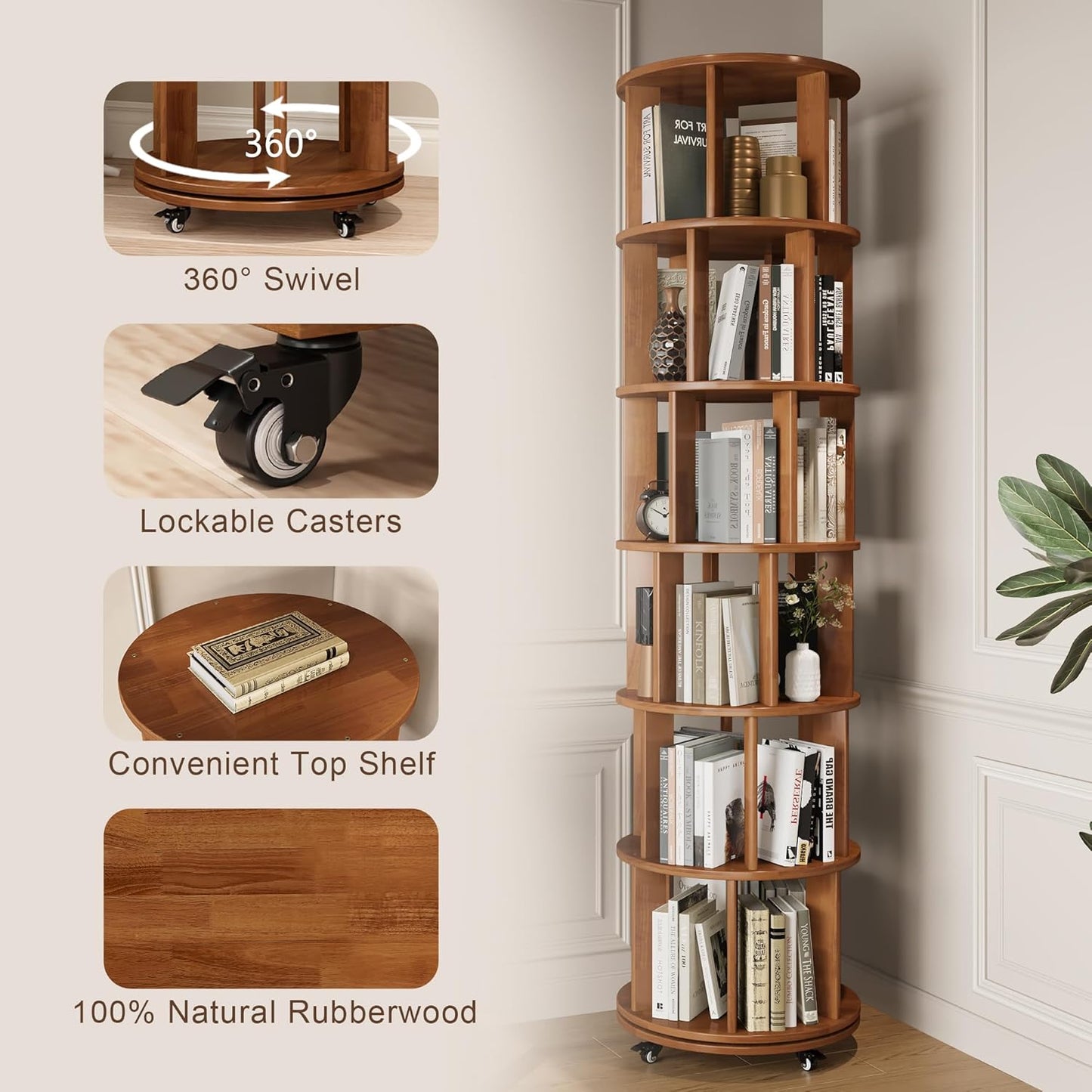 6 Tier Bookshelf Tower, 360° Solid Wood Spinning Bookcase with Swivel Wheels, Floor Standing Book Shelf for Small Space, Bookshelf for Home Office Study Room Bedroom Living Room