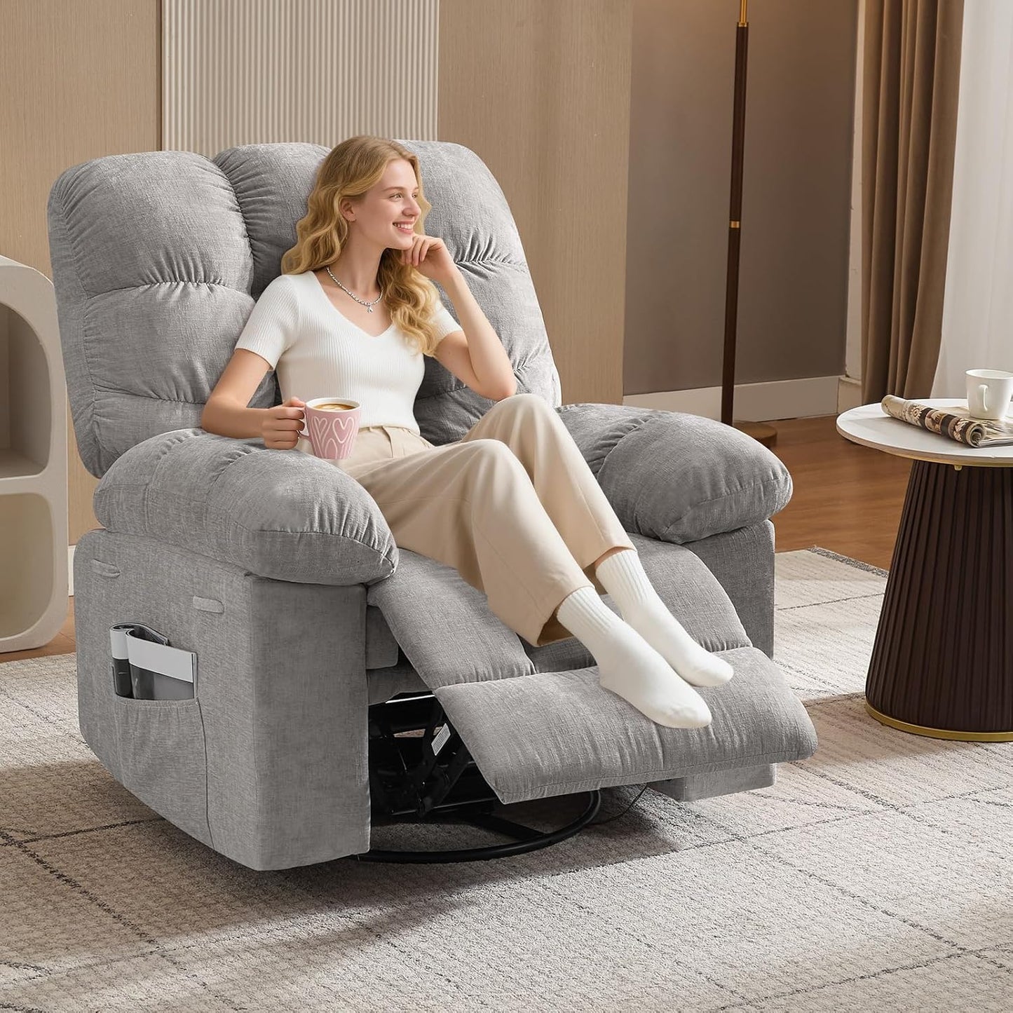 Rocking Recliner Chair with Vibration Massage & Heat, 360° Swivel Oversized Rocker Recliner with Side Pocket for Living Room, Bedroom & Nursery