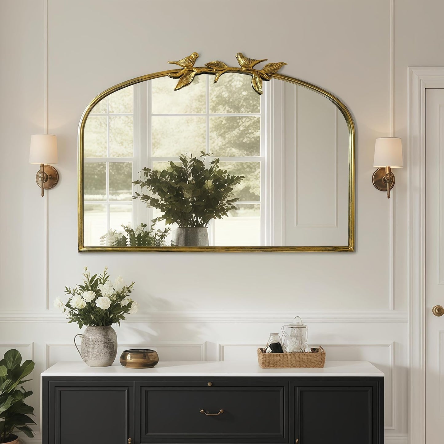 Gold Vintage Mirror - 36x24 Inch, Arched Antique Mirror with Ornate Frame for Bathroom, Living Room, Fireplace, Entryway
