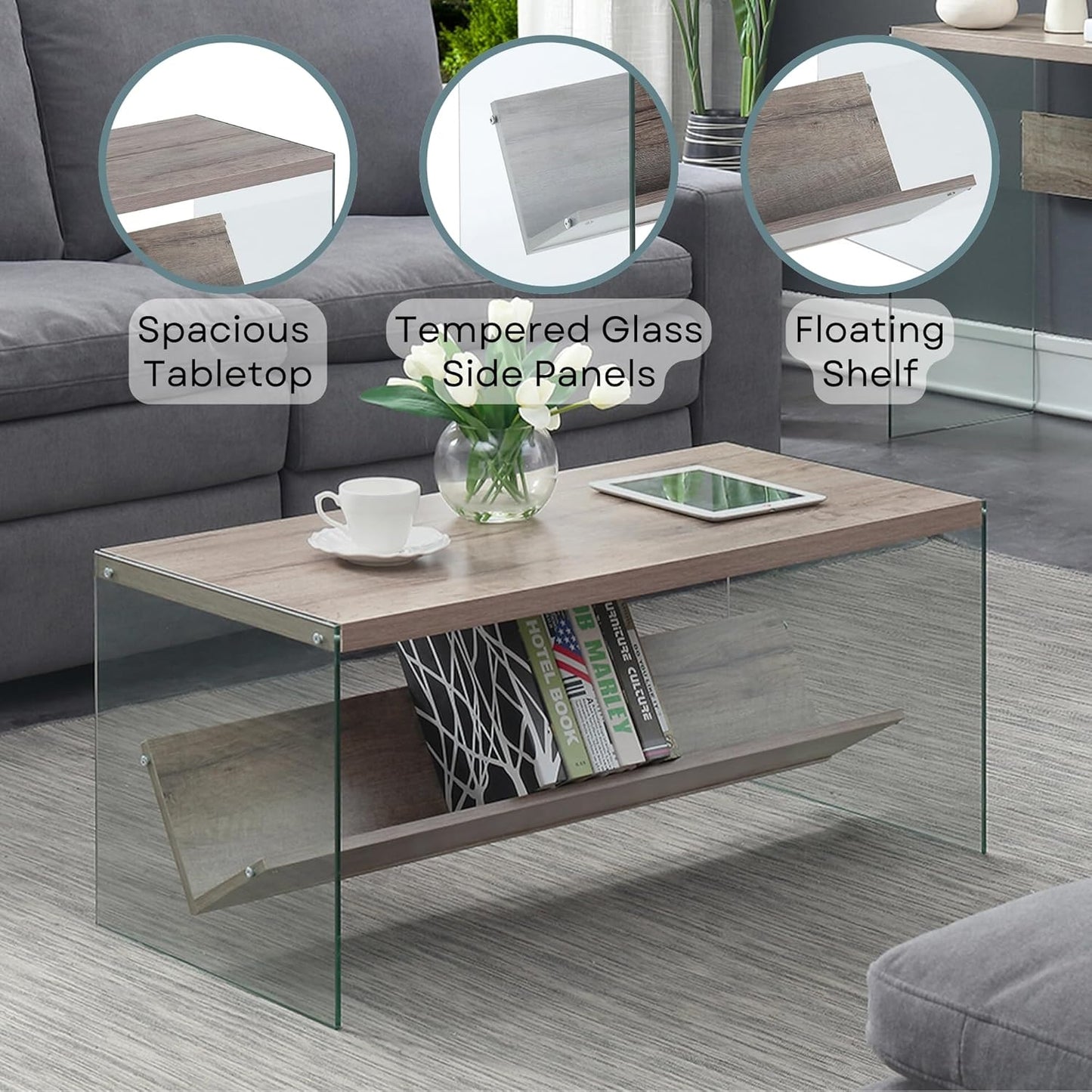 Convenience Concepts SoHo Modern Living Storage Shelf, Contemporary Coffee Table for Family Room, 40", Sandstone/Glass