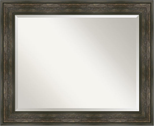 Amanti Art Brown Wall Mirror 28x34 Rail Rustic Char Rectangle Bathroom Mirror for Wall Decor Living Room, Large Rustic Farmhouse Frame, Hangs Horizonally and Vertically, Bathroom Decor, Beveled Edge