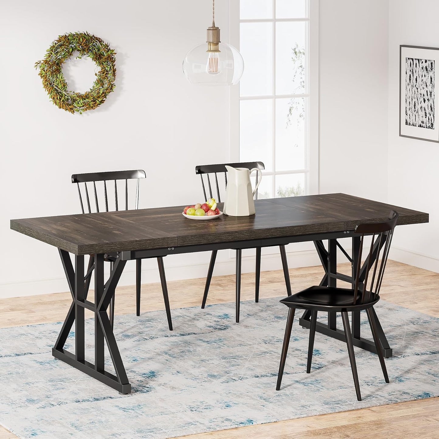 Tribesigns Farmhouse Dining Table for 6 People, 70.8-Inch Rectangular Wood Dining Table, Rustic Kitchen Table with Heavy Duty Metal Legs for Dining Room (Black, 70.8 Inch)
