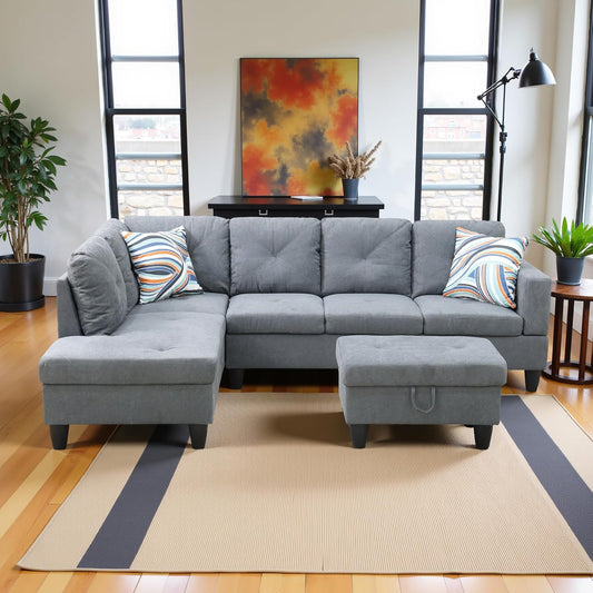 L Shaped Couch Modern Sectional Couch Upholstered Flannelette Fabric 3 Pieces Sofas for Living Room with Chaise, Storage Ottoman for Office and Small Apartment, Dark Grey