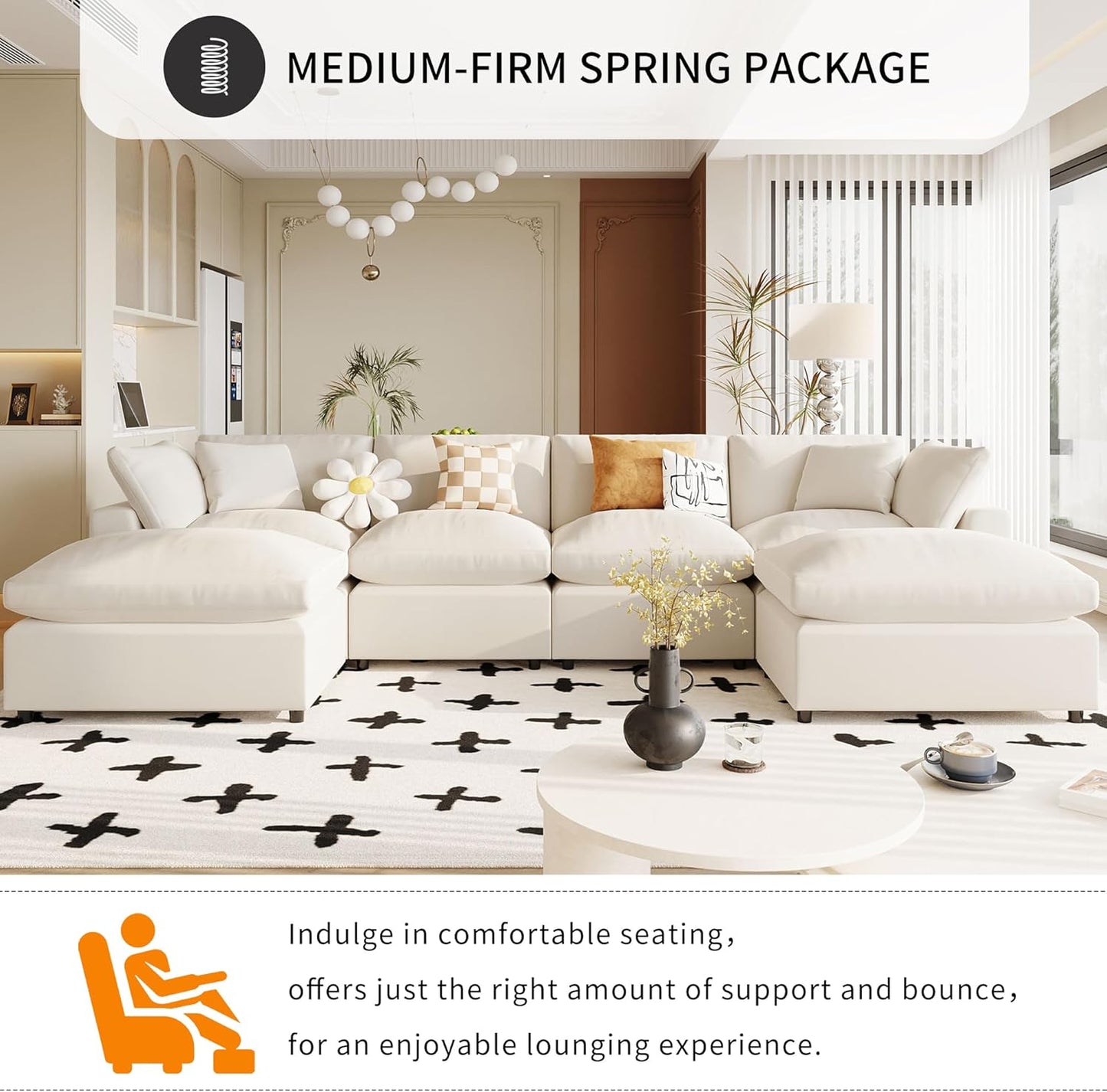 134.4 Inch U-Shaped Oversized Upholstered Sectional Sofa with Removable Ottomans, Large 6 Seater Modular Combination Corner Couch for Living Room, Office, Spacious Space, Beige