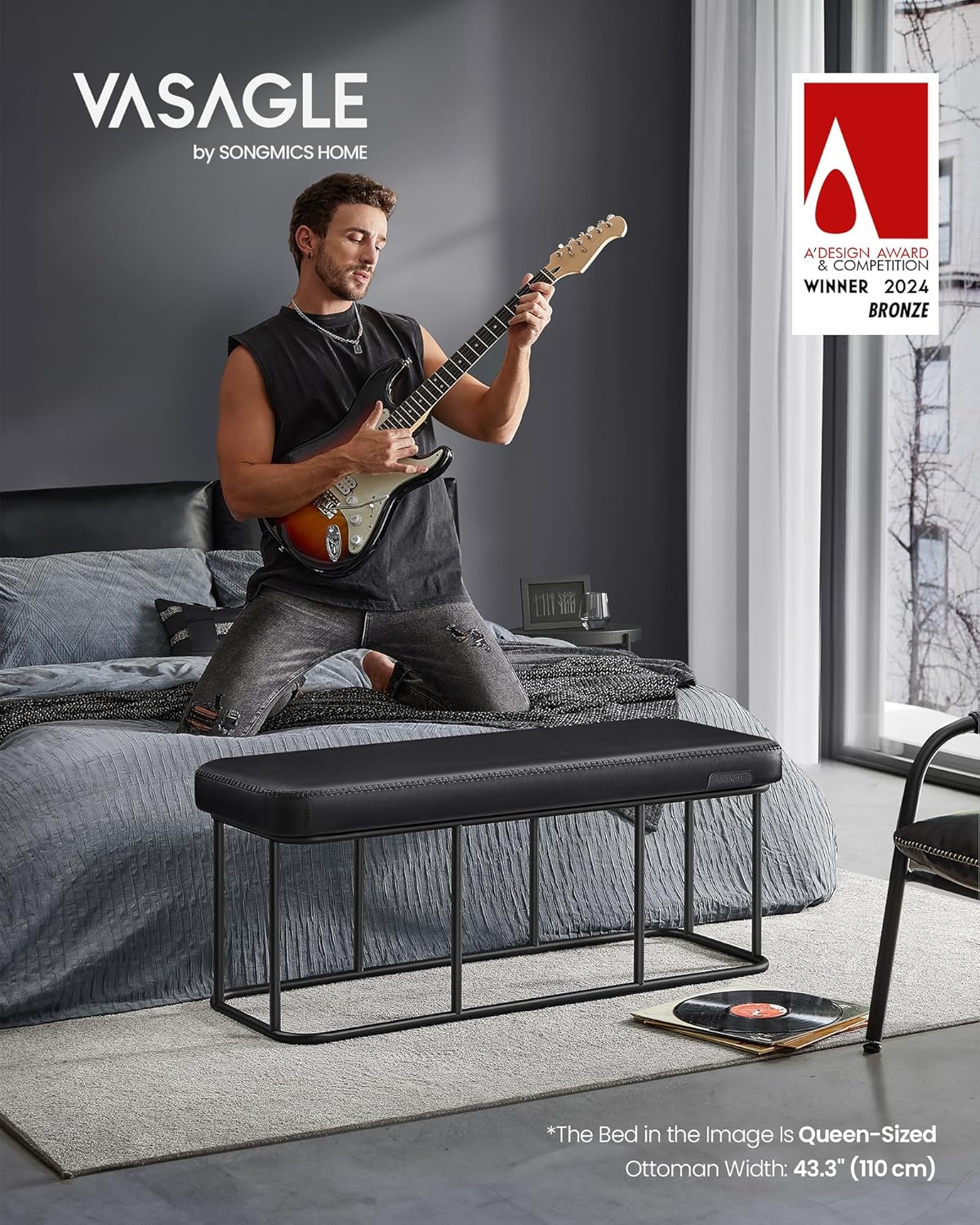 VASAGLE EKHO Collection - Storage Bench for Entryway, Ottoman Bench with Steel Frame, 43.3-Inch Wide, Synthetic Leather, Living Dining Room, Mid-Century Modern, Loads 660 lb, Ink Black ULOM085B01