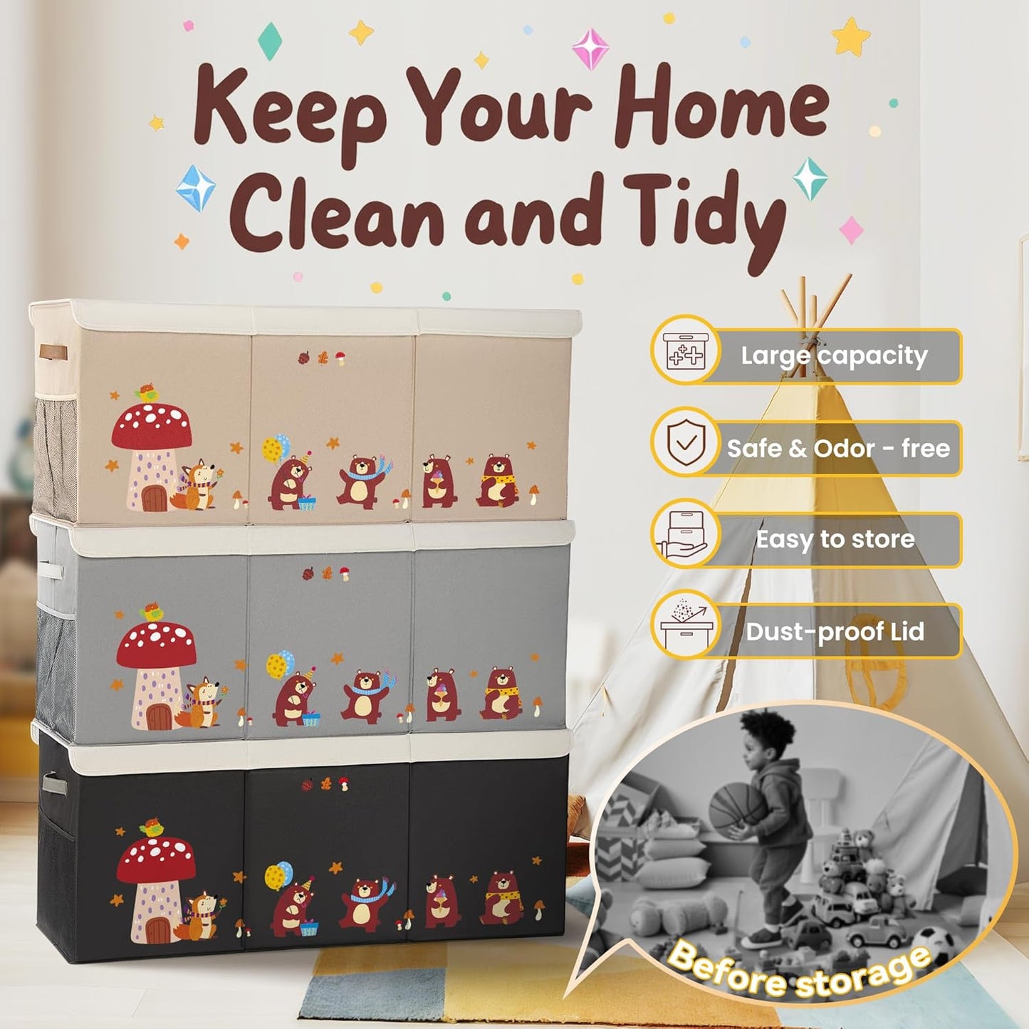 120L Large Toy Storage Box with Lid, Extra Large Toy Box Chest, Large Toy Box for Kids, Girls and Boys, Nursery Room and Living Room, 40"x13" x16" (grey-bear)