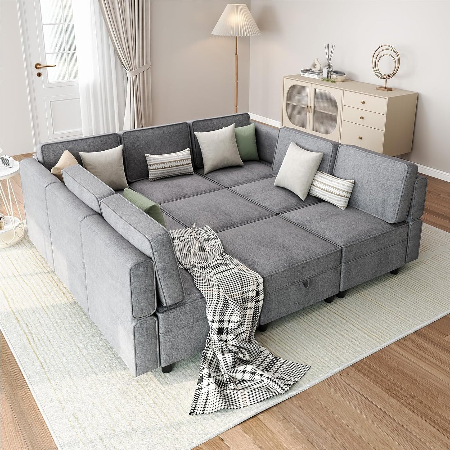 GAOMON 139.4" Chenille Reversible Sectional Sofa, 9-Seater Modular Sectional Sofa, Comfy Sectional Sleeper Sofa Couch with Chaise, U-Shape Modular Couch with Storage Seats & Ottomans, Grey
