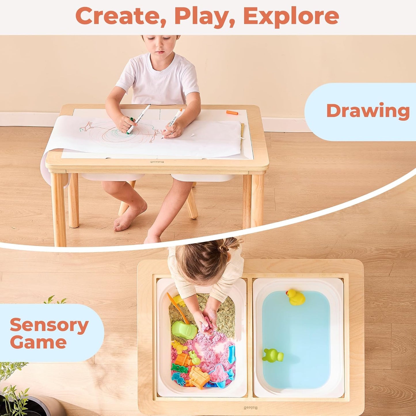 Sensory Table for Toddlers with 2 Storage Bins, Wooden Activity Table with Double-Sided Boards, Sand and Water Play, Indoor & Outdoor Use