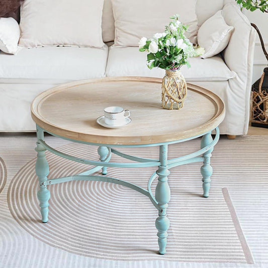Rustic Farmhouse Round Coffee Table, French Country Vintage Center Table,φ31.5'' x18.9''H Rustic Solid Wood with Vintage Iron Legs, for Living Room, Bedroom,Dinning Room,Nature White