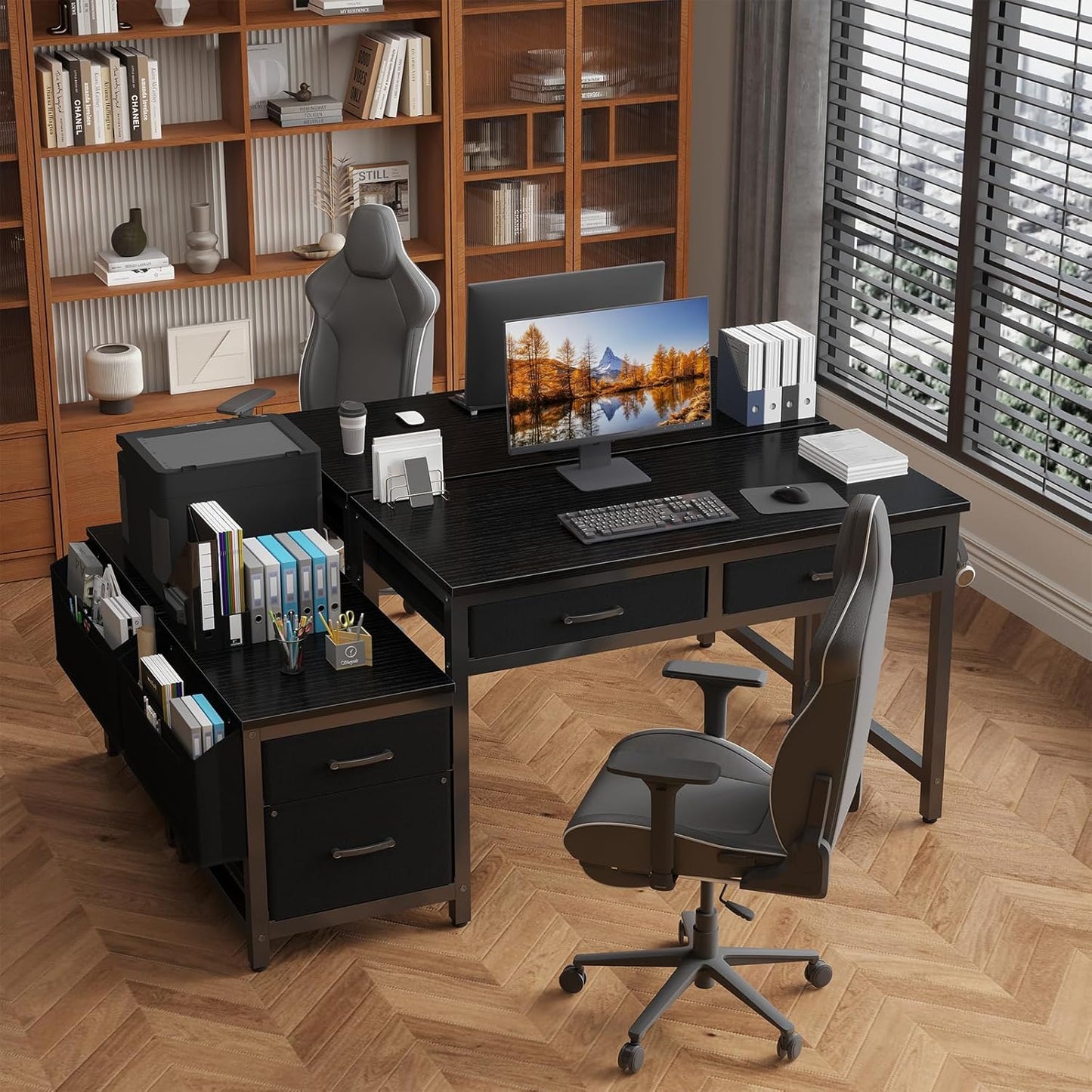 Lufeiya Gaming Desk with Fabric File Drawers Cabinet, 57 Inch Home Office Desks with Reversible Filing Cabinet Printer Stand for Small Space, Study Writing Table PC Computer Desks for Bedroom, Black