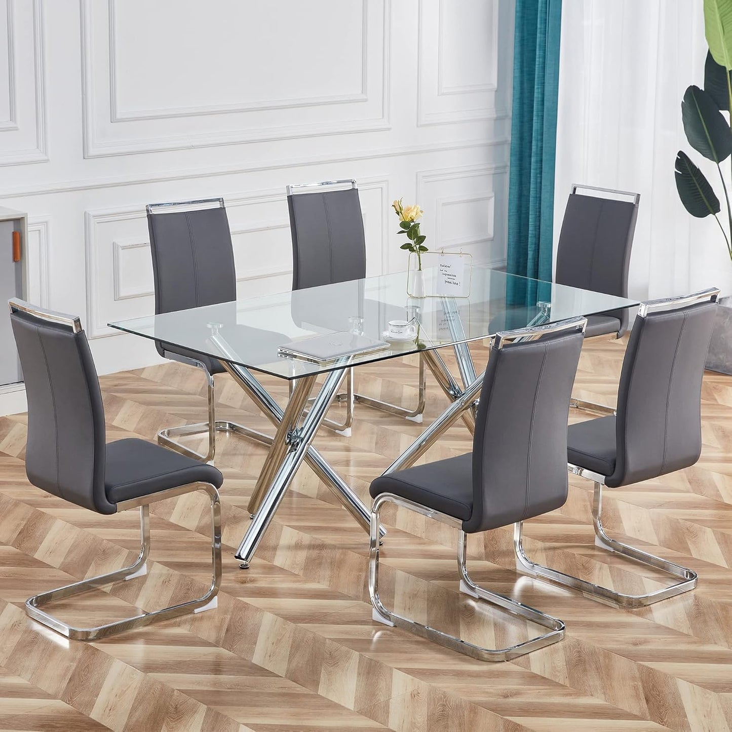 Dining Chairs Set, Kitchen Modern Metal Chairs with Faux Leather Padded Seat High Back and Sturdy Chrome Legs, Chairs for Dining Room (Grey, Set of 6)