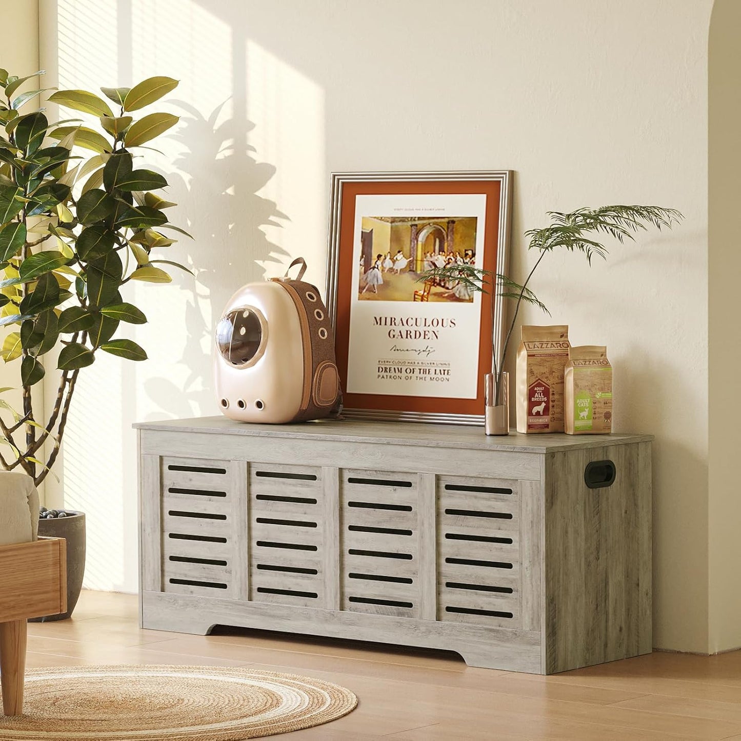 DINZI LVJ Storage Chest, 47.3” Wooden Toy Box with 2 Safety Hinges, Retro Entryway Shoe Storage Bench with Flip-Top, Sturdy Large Storage Trunk for Living Room, Bedroom, Easy Assembly, Gray Wash