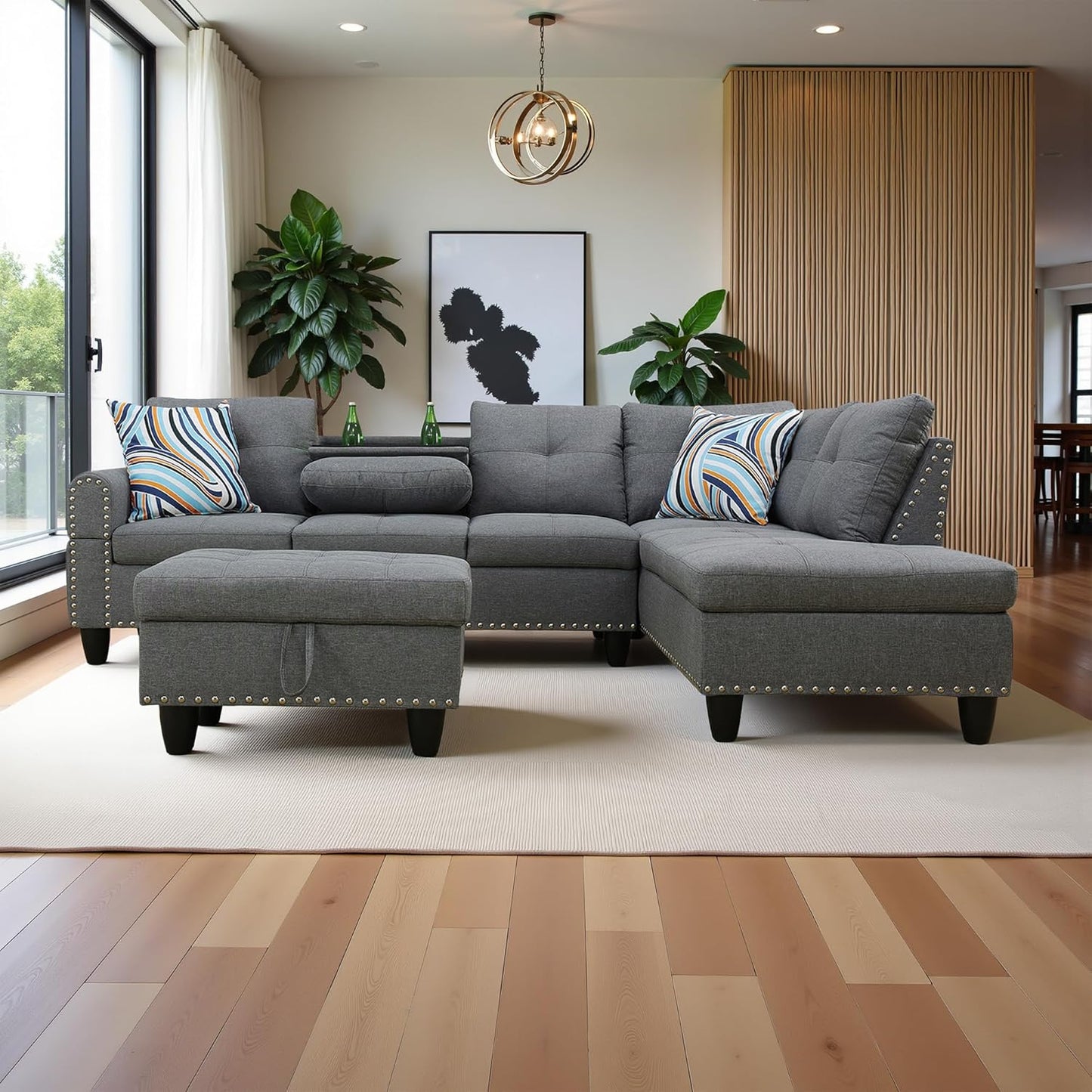 97.5" Oversized Sectional Couch, L Shaped Couch with Storage Ottoman, Modern Modular Sofa with Deep Seat, Sectional Couches for Living Room and Office, Grey (Linen)