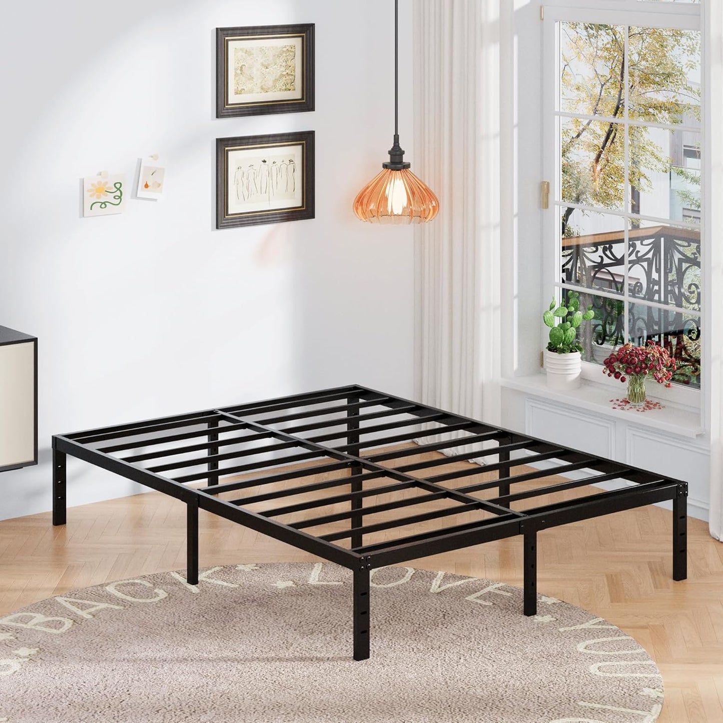 16 Inch Cal King Bed Frame with White Skirt Cover, Metal California King Bed Frames with Storage, No Box Spring Needed, Heavy Duty, Easy Assembly, Noise Free, Mattress Foundation