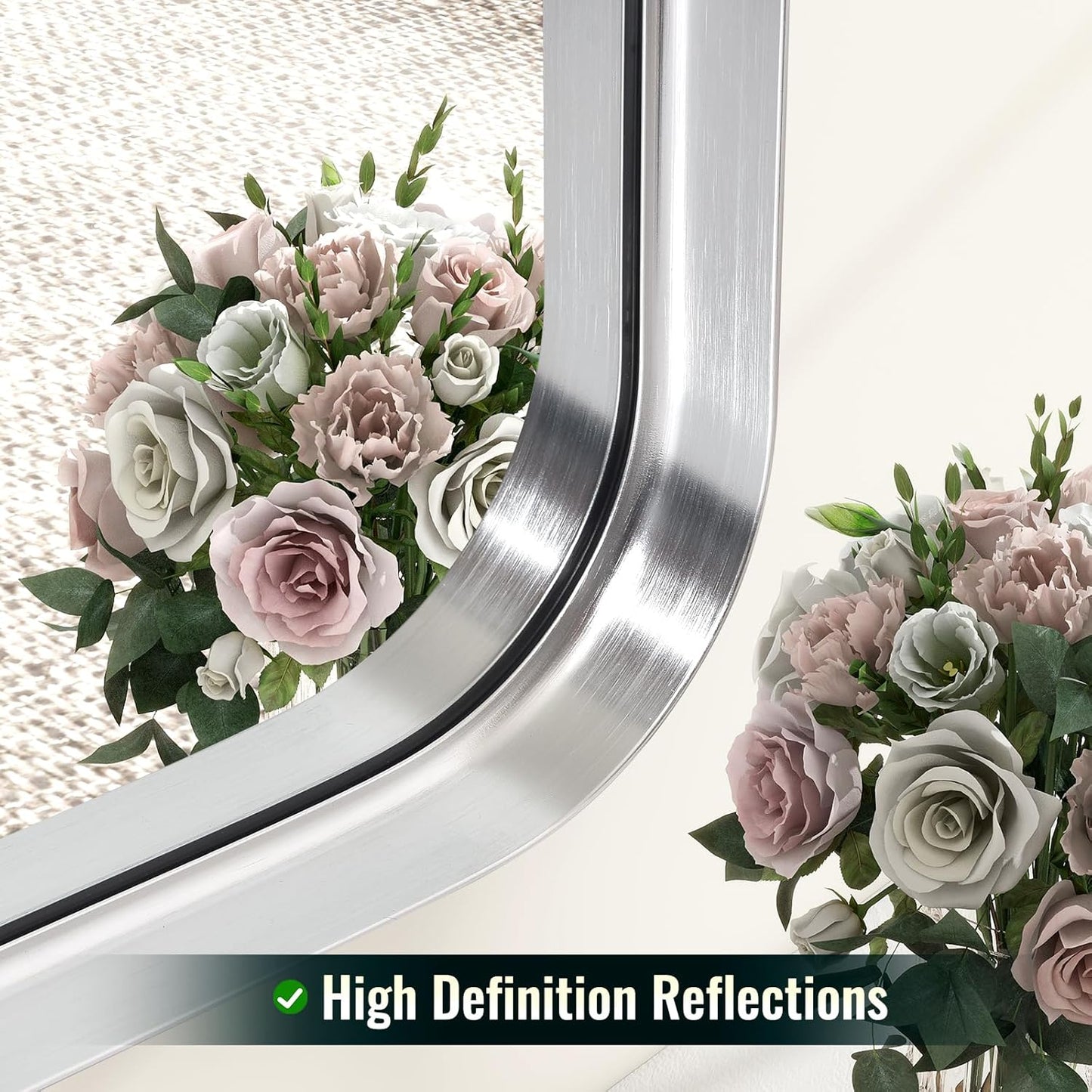 48 x 30 Inch Silver Bathroom Mirror, Rectangular Wall Mounted Shatterproof Mirror, Aluminum Alloy Frame with Rounded Corners, Horizontal or Vertical for Farmhouse Decor