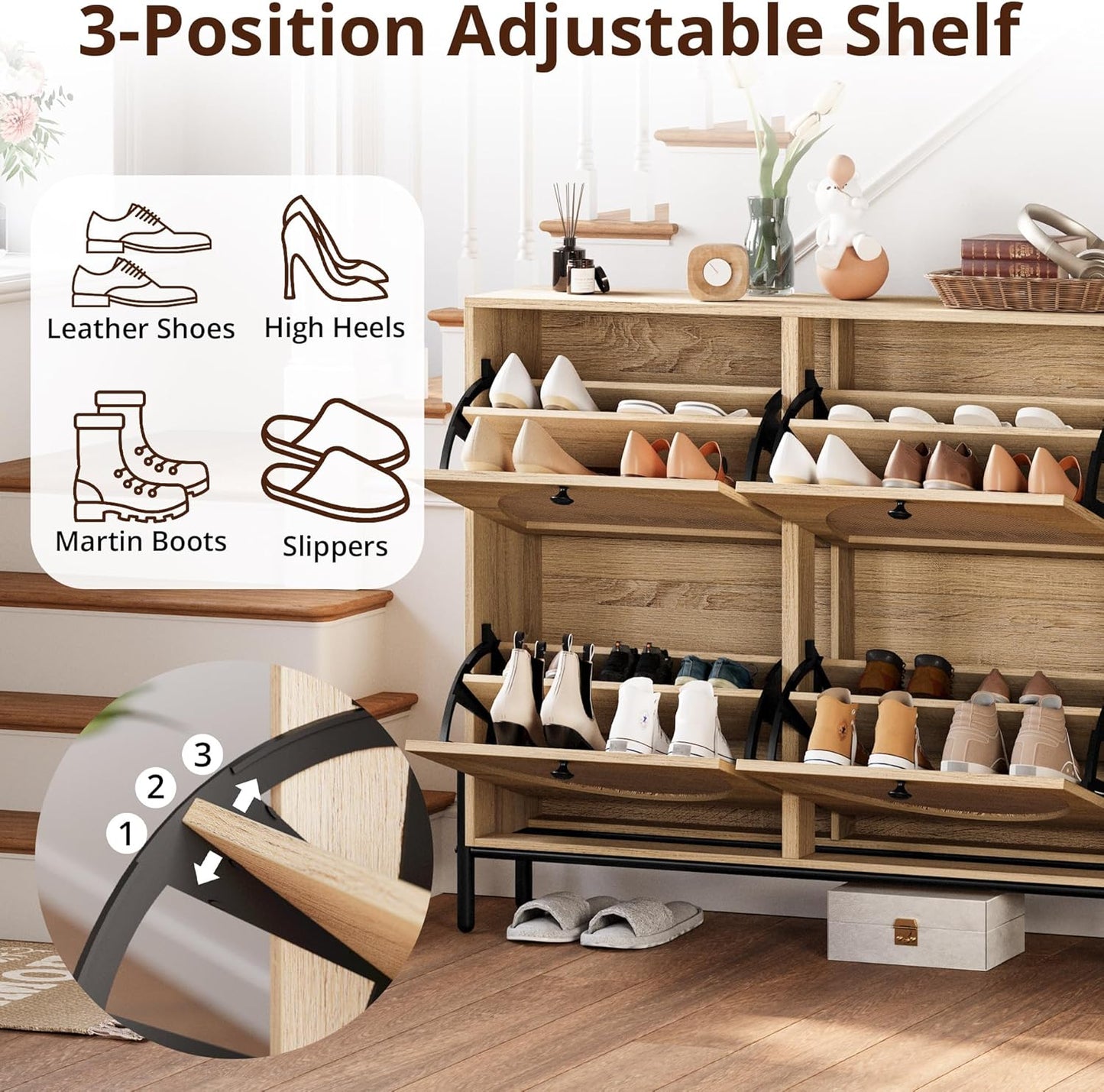 IRONCK Rattan Shoe Cabinet Storage with 4 Flip Drawers, Freestanding Shoe Storage Organizer Cabinet for Entryway, Narrow Shoe Rack Cabinet, Oak