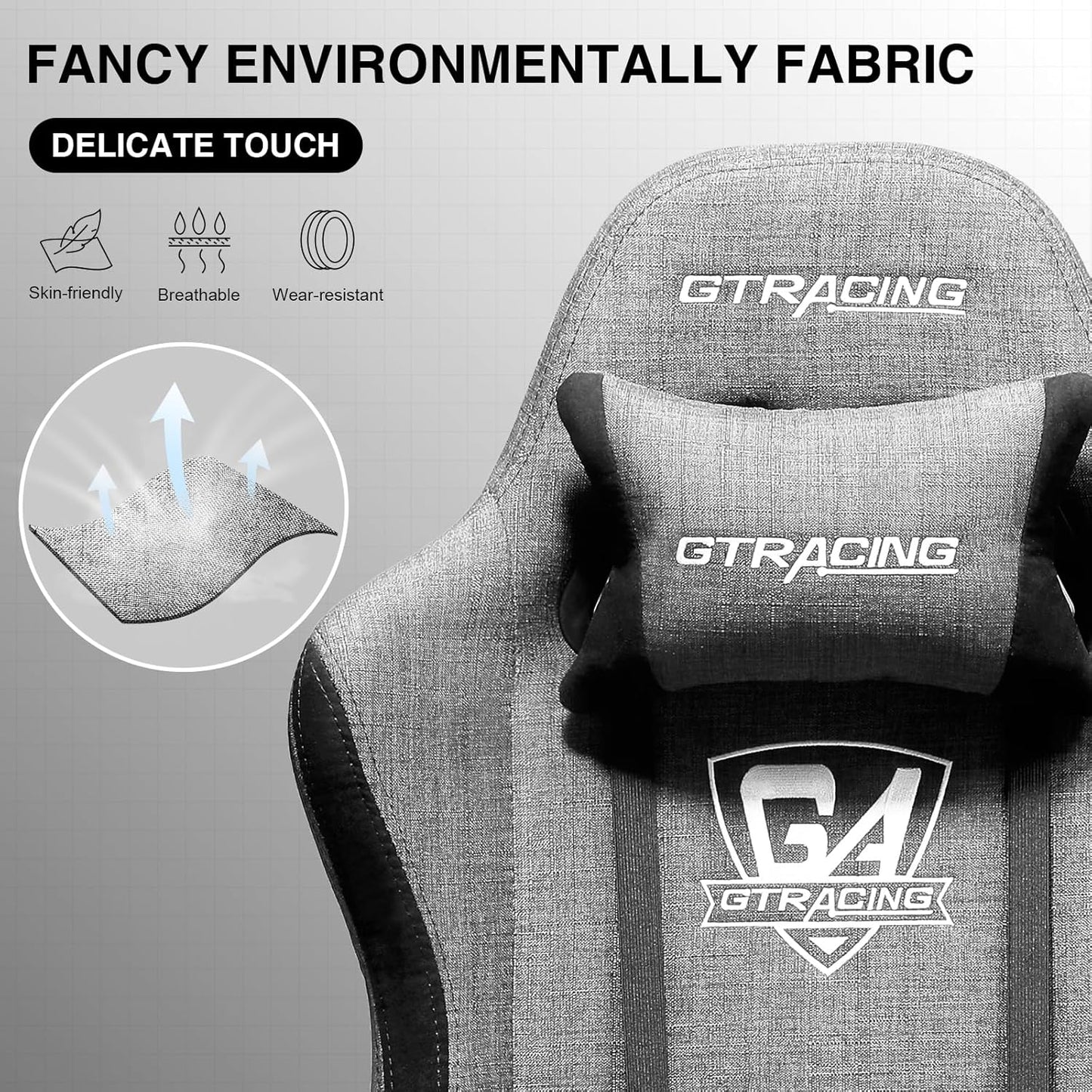 GTRACING Gaming Chair with Footrest, Fabric Breathable Big and Tall Ergonomic Computer Chair 350 lbs with Adjustable Lumbar Support and Recliner，High Back Game Chair for Office Gaming, Grey