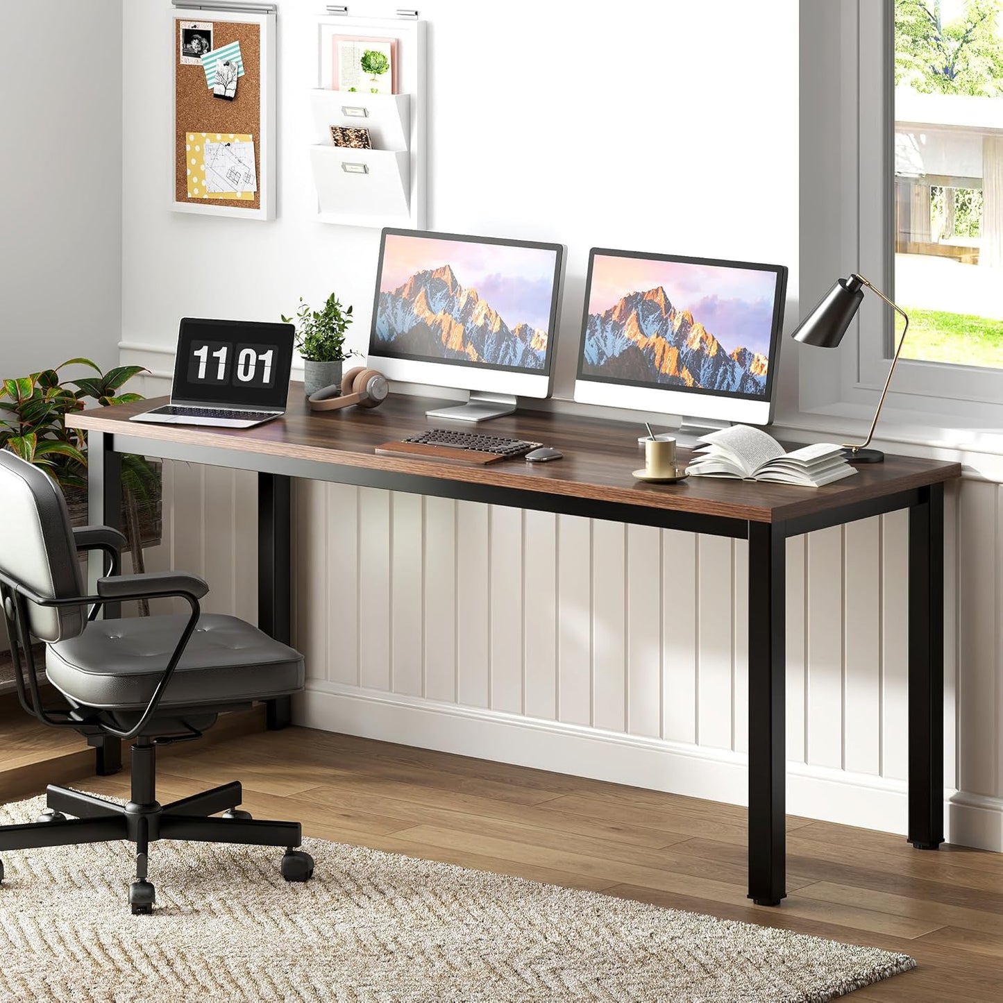 Need 63 Inch Large Computer Desk - Modern Simple Style Home Office Gaming Desk, Basic Writing Table for Study Student, Black Metal Frame, Walnut