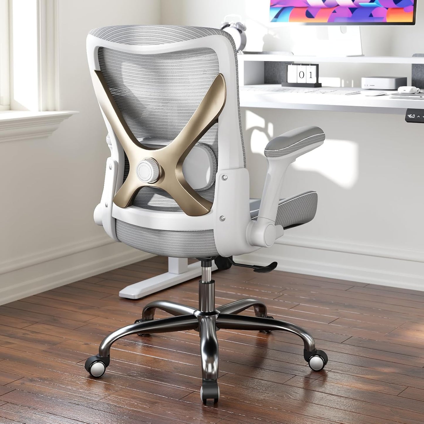Ergonomic Office Chair-Computer PU Leather X-Shaped Desk Chair-Gaming Chair with Adjustable Flip-up Armrests Lumbar Support Mesh Executive Chair for Long Hours Office (Grey)