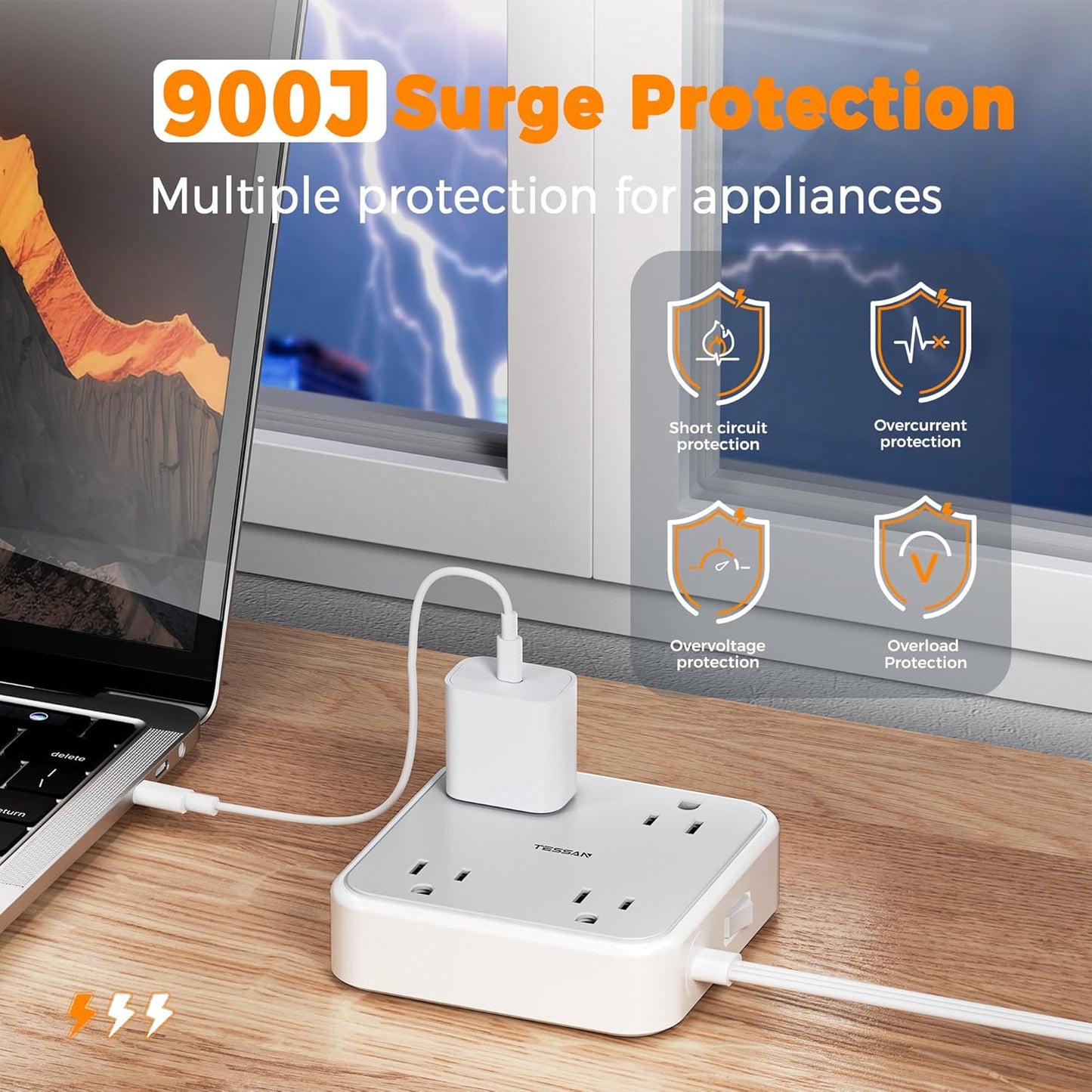 TESSAN Outlet Cover with Extra Outlet on Plug, Surge Protector Power Strip with 3 USB (2 USB C), 5 Ft Flat Extension Cord, 900 Joules Protection, Flat Plug Power Strip for Home Office Essentials