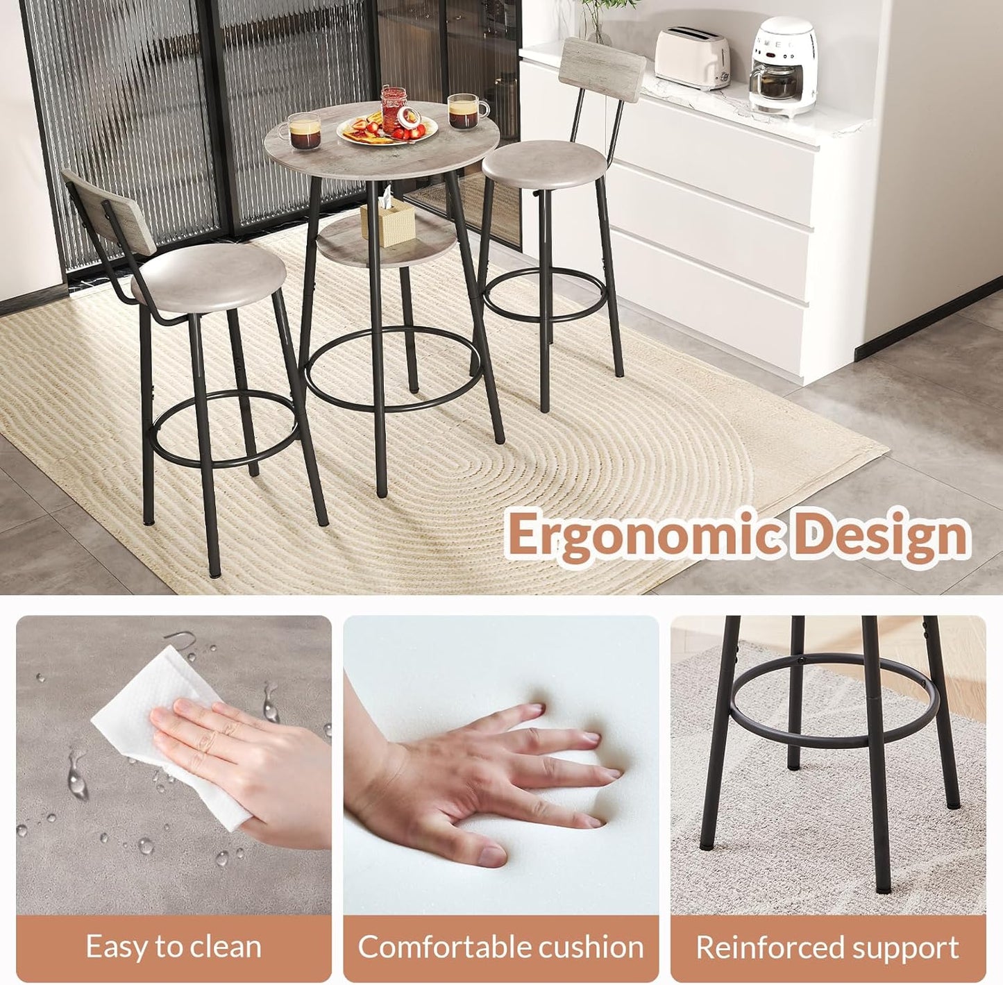 3 Pieces Round Bar Table Set, Small Dining Table for 2, Breakfast Table with Storage, Modern Kitchen Bar Table, 2 Upholstered Stools with Backrest for Kitchen, Dining Room & Bistro-Grey