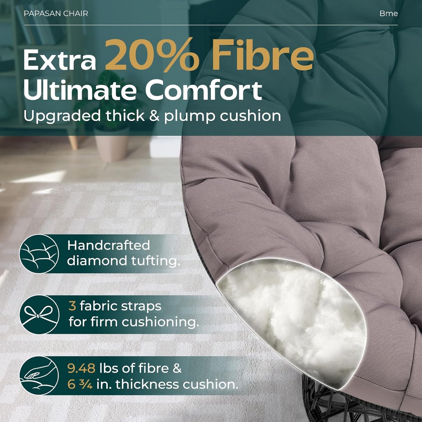 Bme 40" Ergonomic Wicker Papasan Chair with Soft Thick Density Fabric Cushion, High Capacity Steel Frame, 360 Degree Swivel for Living, Bedroom, Reading Room, Lounge, Smoky Quartz - Black Base