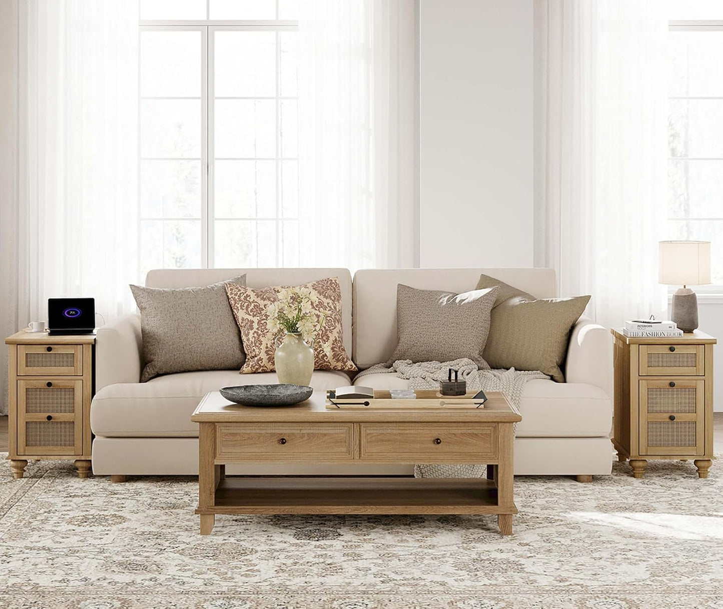 WAMPAT Set of 2 Rattan End Tables with Charging Station, Tall Side Tables Nightstand with Drawer & Storage Cabinet, Light Wood Bedside Table for Bedroom & Living Room, Burlywood