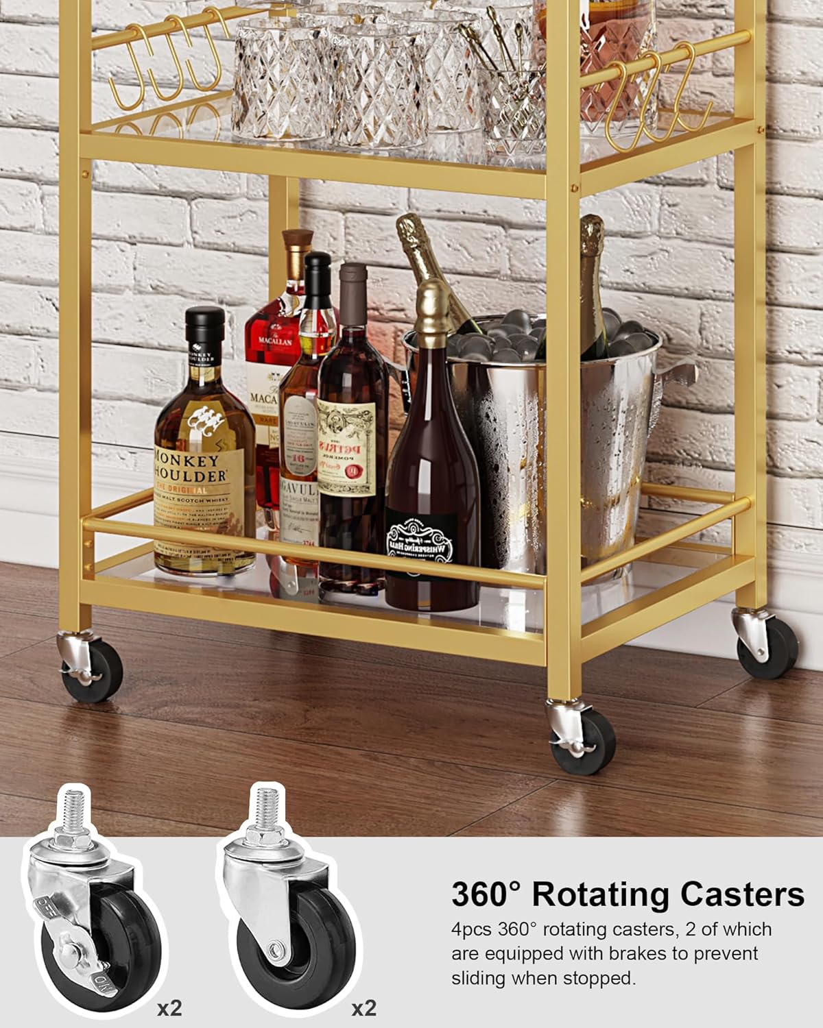 TUTOTAK Bar Cart, Home Bar Serving Cart with 3-Tier Mirrored Shelf, Wine Cart, Mobile Kitchen Shelf, Gold BC01BB034