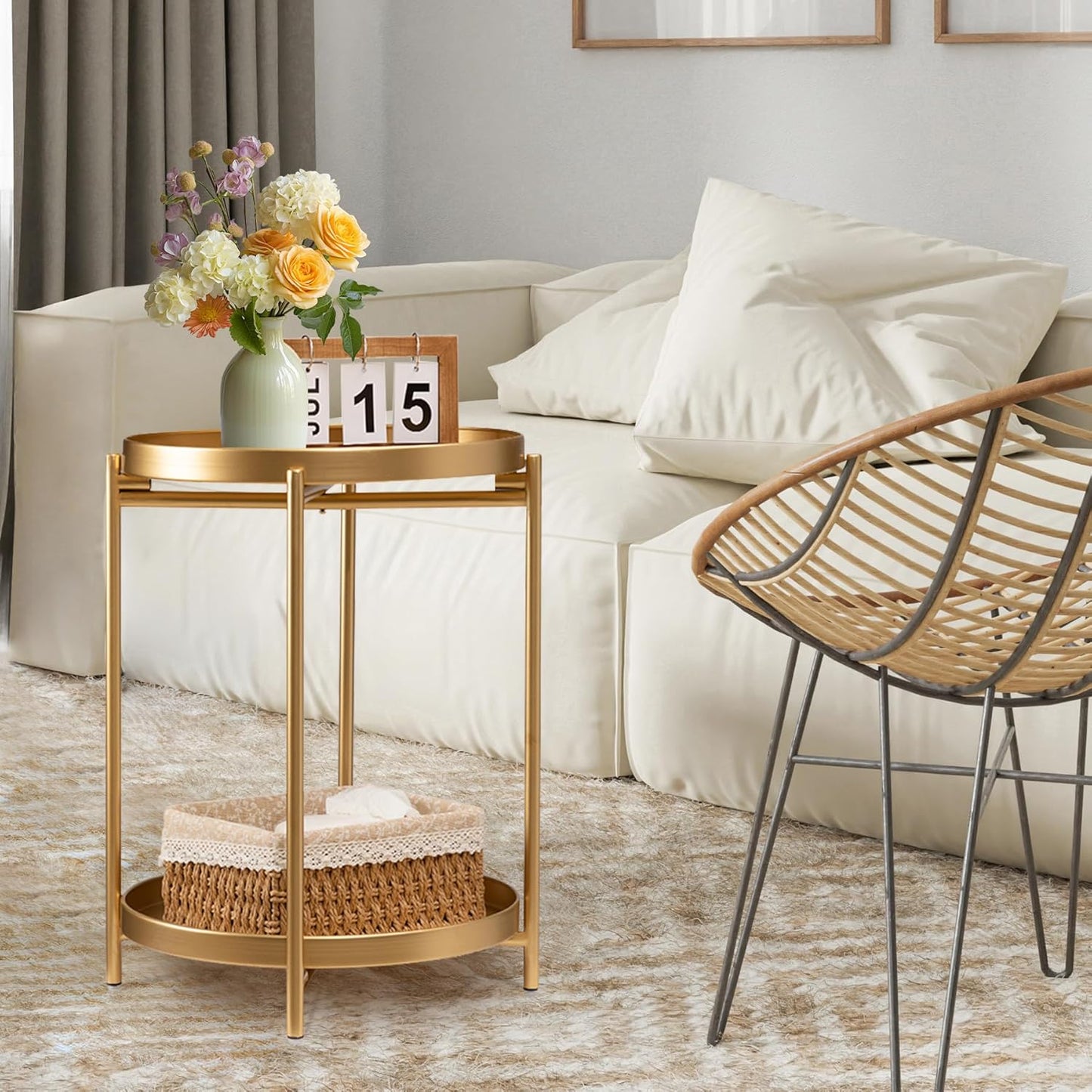 TeoKJ 2 Tier Round Side Table, Folding Metal Small Bedside Nightstand for with Two Removable Tray for Bedroom Living Room Bedside Small Spaces Gold