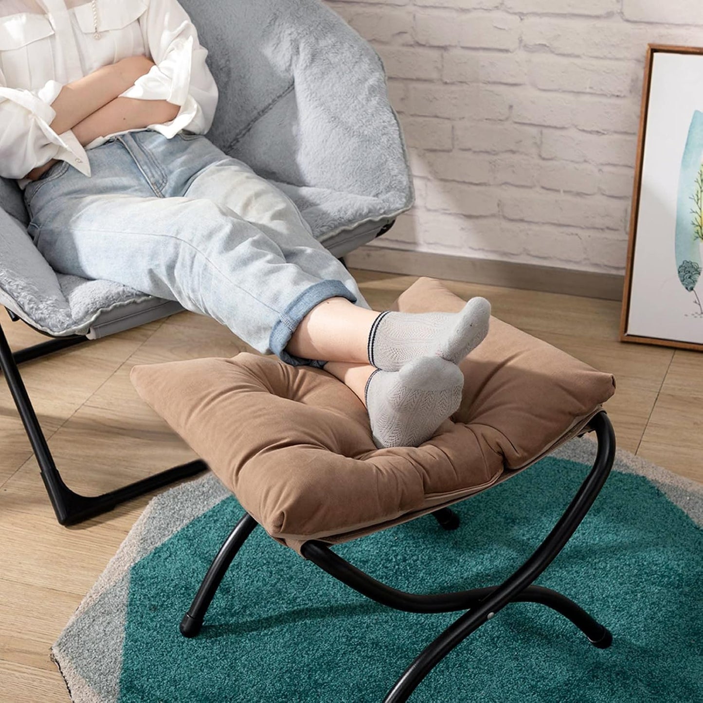 HollyHOME 15"(H) Folding Footrest Stool, Upholstered Small Foldable Ottoman, Accent Padded Sofa Foot Stool for Lazy Chair, Metal Frame Portable Foot Rest Ottoman for Living Room, Bedroom, Dark Brown