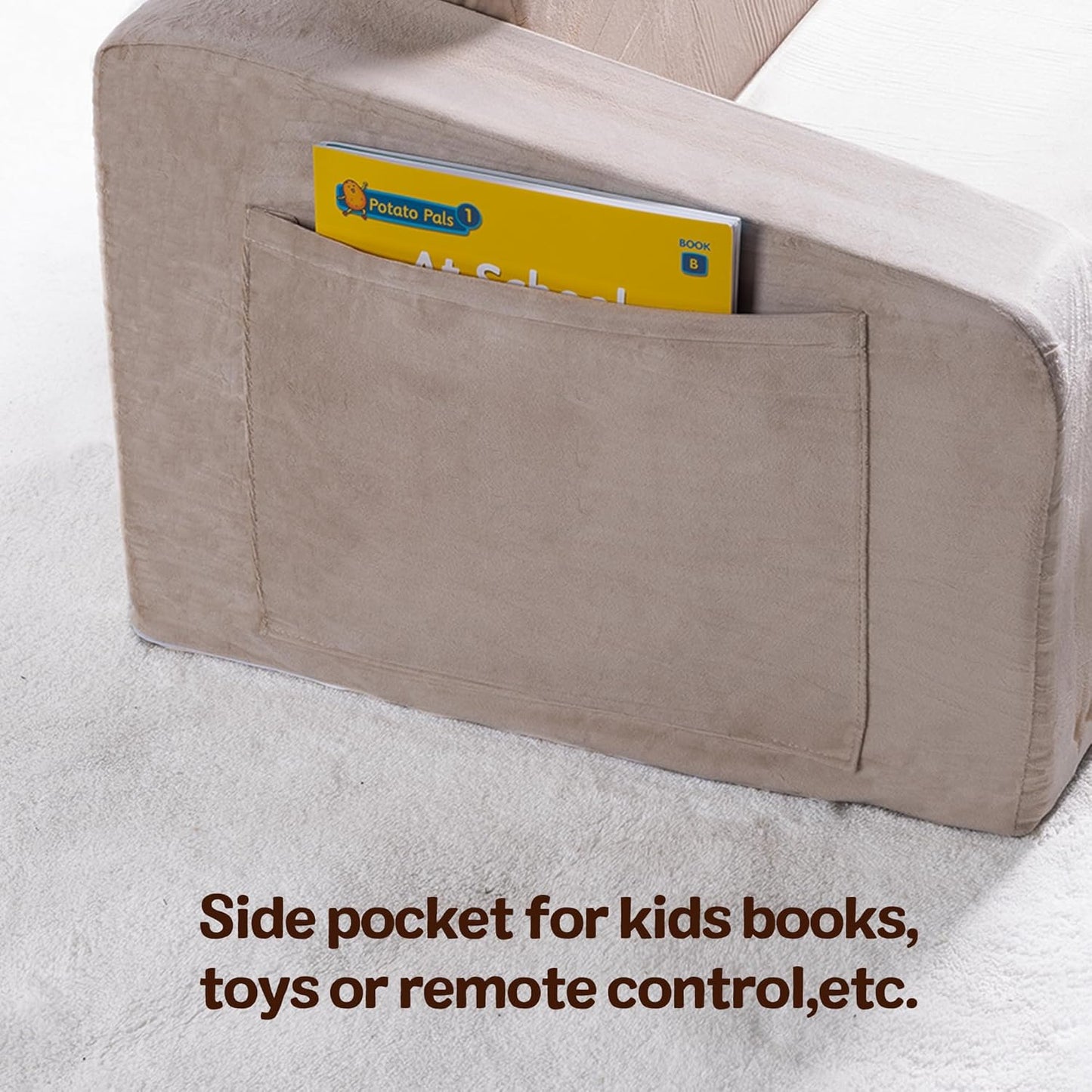 Kids Couch, Extra Wide 2-in-1 Toddler Sofa Convertible Fold Out to Lounger Bed for Girls and Boys, Apricot