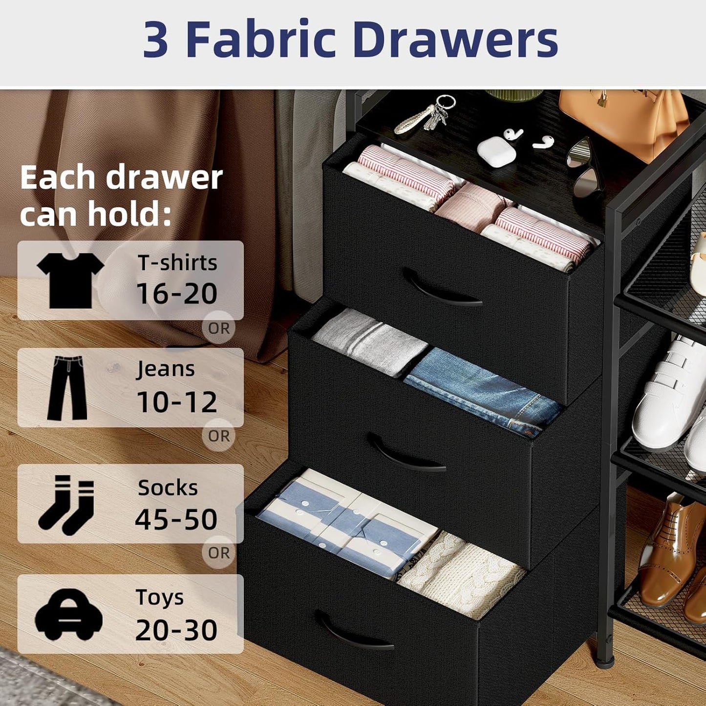 Somdot Shoe Rack, 3 Tier Shoe Organizer with 3 Drawers, Metal Shoe Storage Shelf for 6-9 Pairs of Shoes, Narrow Shoe Rack for entryway, Black