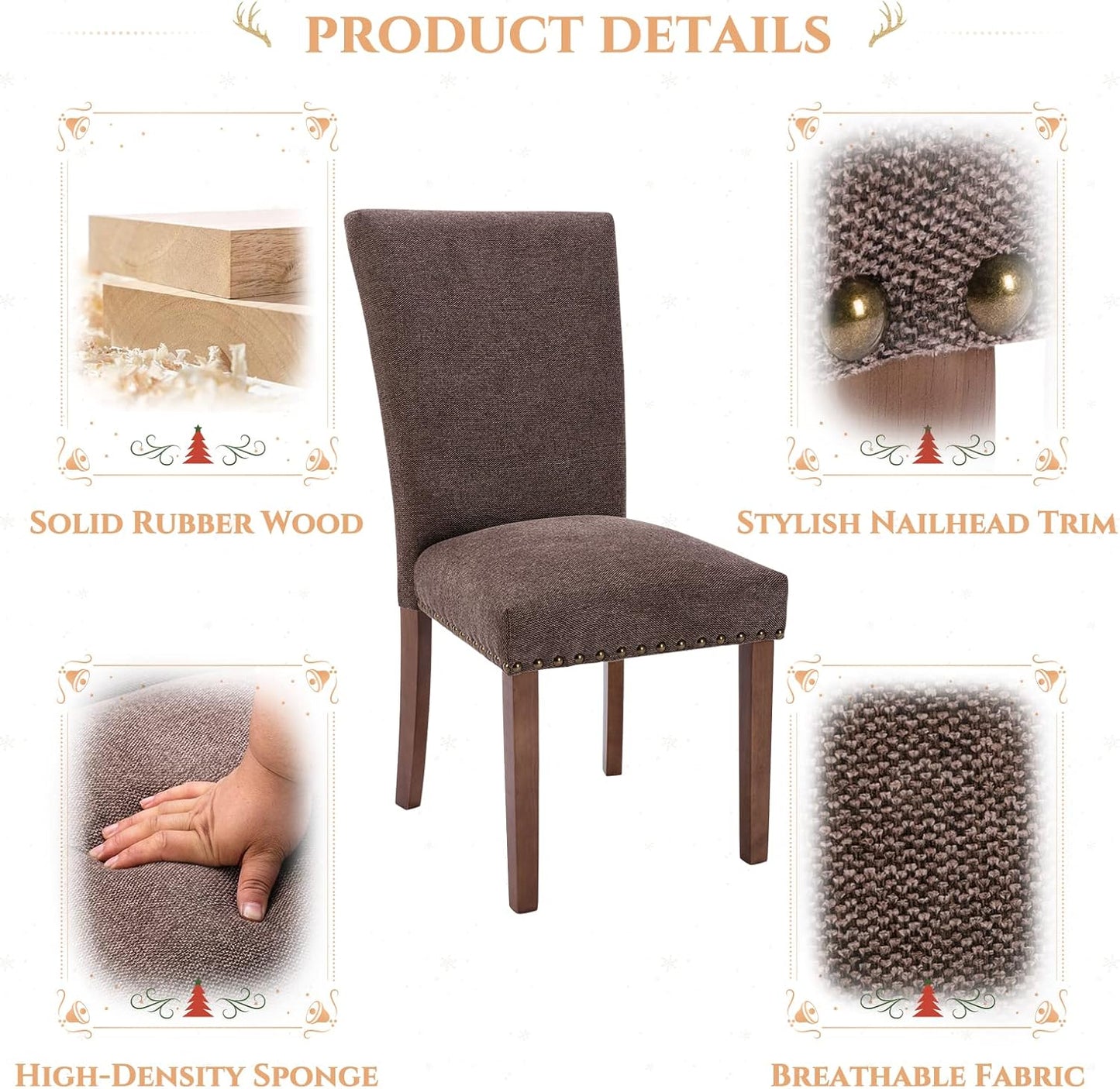 Parsons Dining Chairs Set of 6, Upholstered Nailhead Dining Room Kitchen Side Chair with Thick Cushions and Wood Legs, Brown