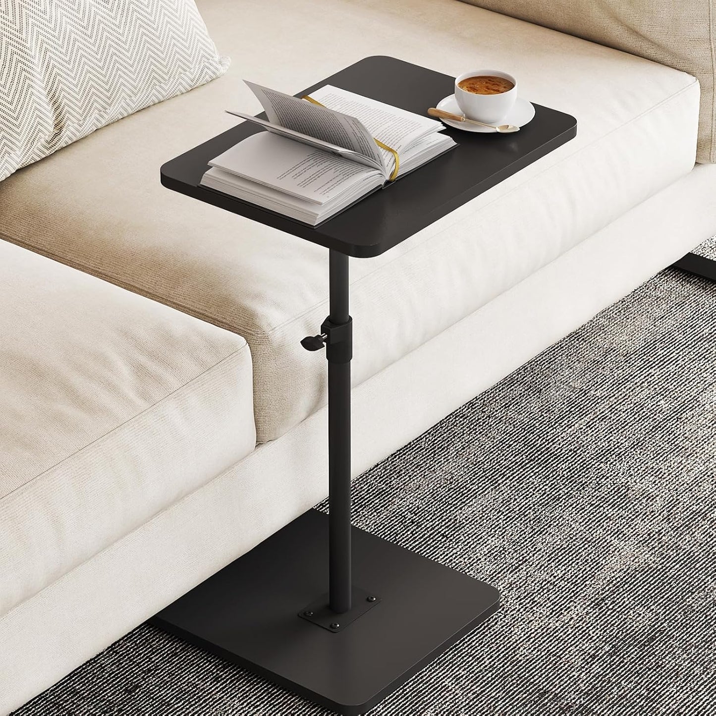 NiHome Minimalist Height Adjustable End Table, 360° Rotatable Sofa Armrest Side Tray Table, Adjustable Legs Space-Saving Couch Bedside TV Tray C-Shaped End Table Snack Table for Eating(Black)