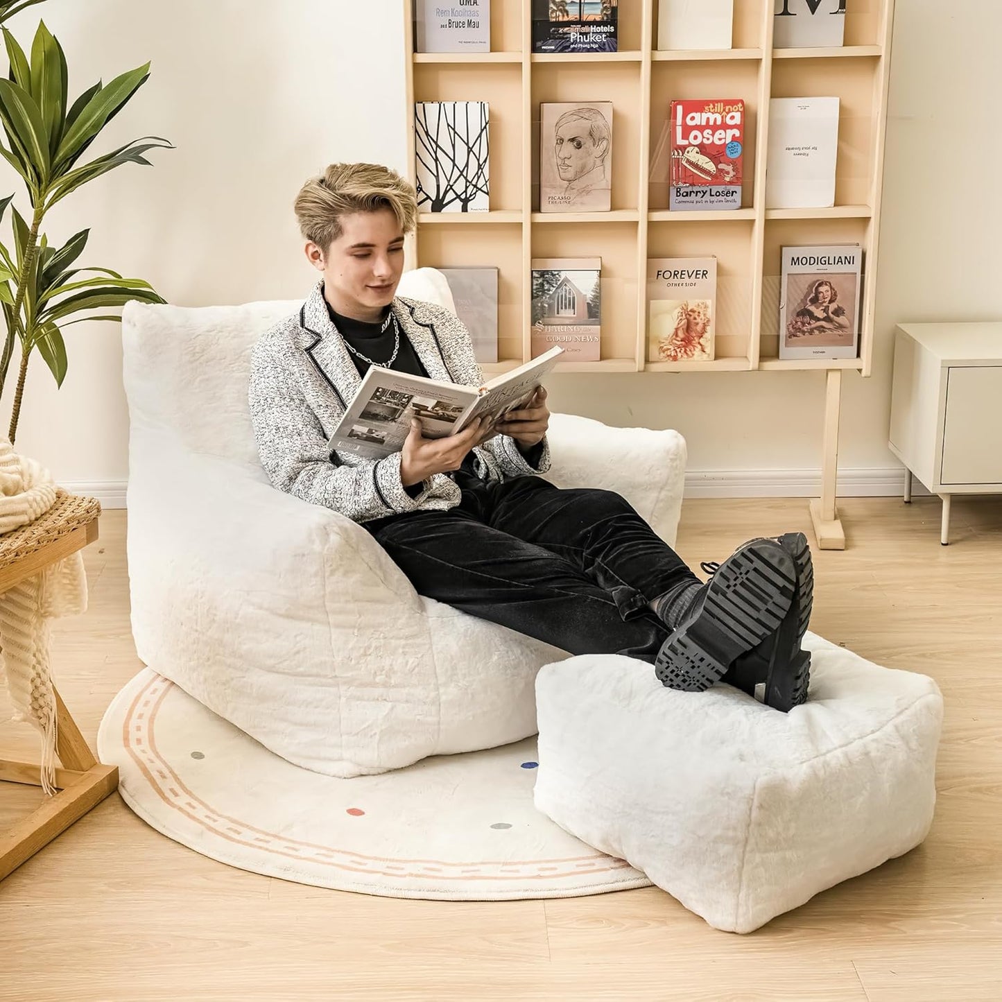 Bean Bag Chair with Ottoman, Armrest Bean Bag Chairs with Filler, Ultra Soft Fluffy Faux Fur Bean Bag Chair with Foot Rest, Plush Lazy Sofa with Foot Stool for Living Room, Dorm