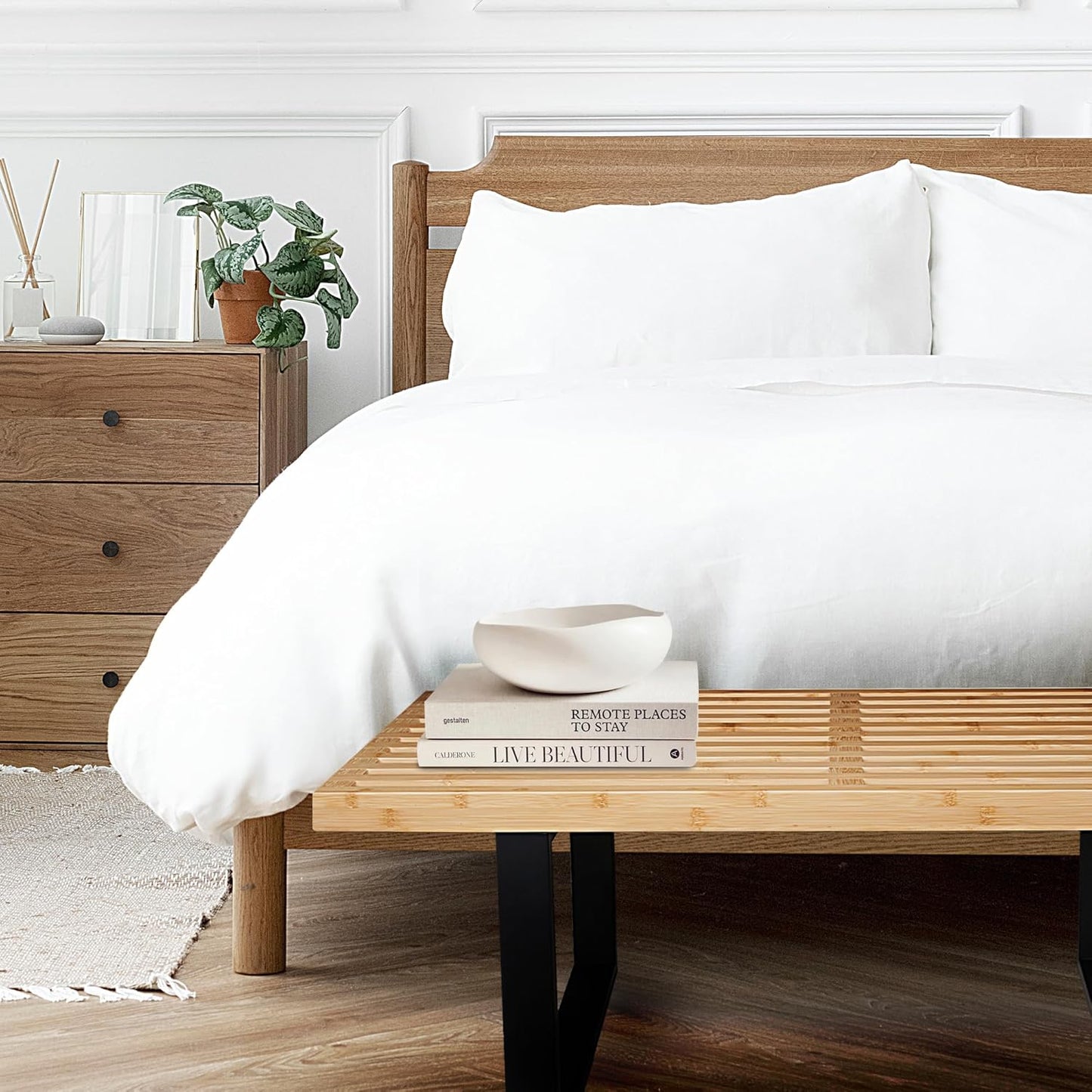 Bamboo Nelson Slat Wooden Bench, Small Wood Benches for Entryway, Living & Dining Room, Kitchen, Bedroom, Bathroom, Hallway, Front Door, For Indoor & Outdoor Patio Use, Mid Century Modern Decor