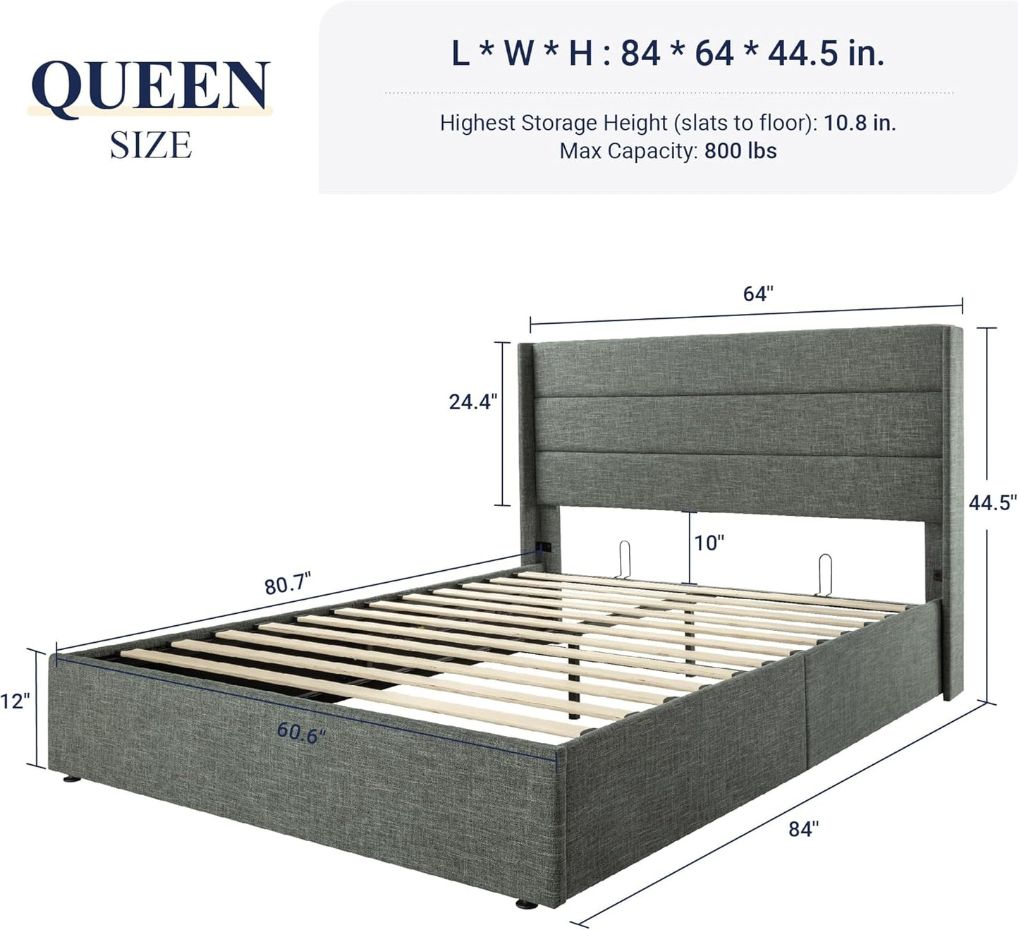 Allewie Queen Size Lift Up Storage Bed, Modern Wingback Headboard, Hydraulic Support, No Box Spring Needed, Dark Grey
