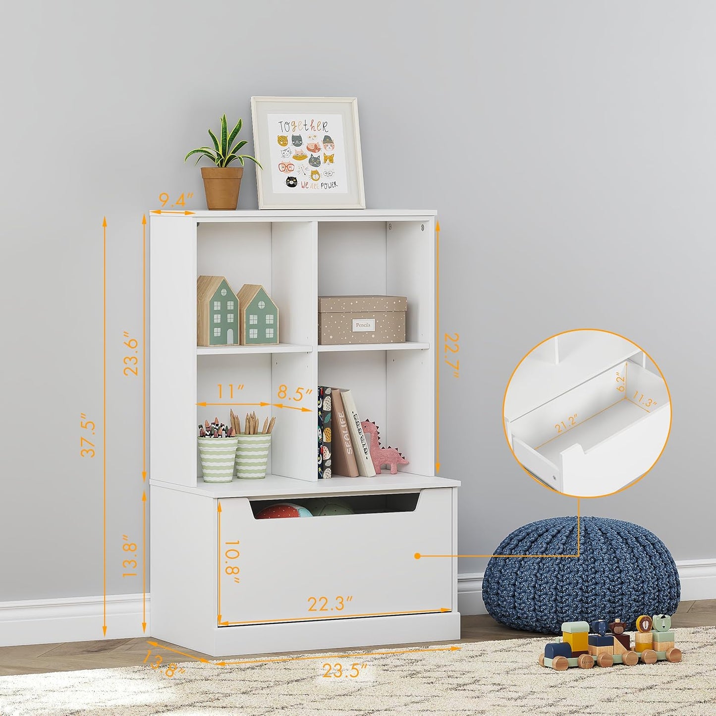 UTEX Kids Bookshelf and Toy Storage Organizer, Toddlers Bookcase with Cubbies, Adjustable Wood Shelf with Drawer for Bedroom, Playroom, Nursery, White