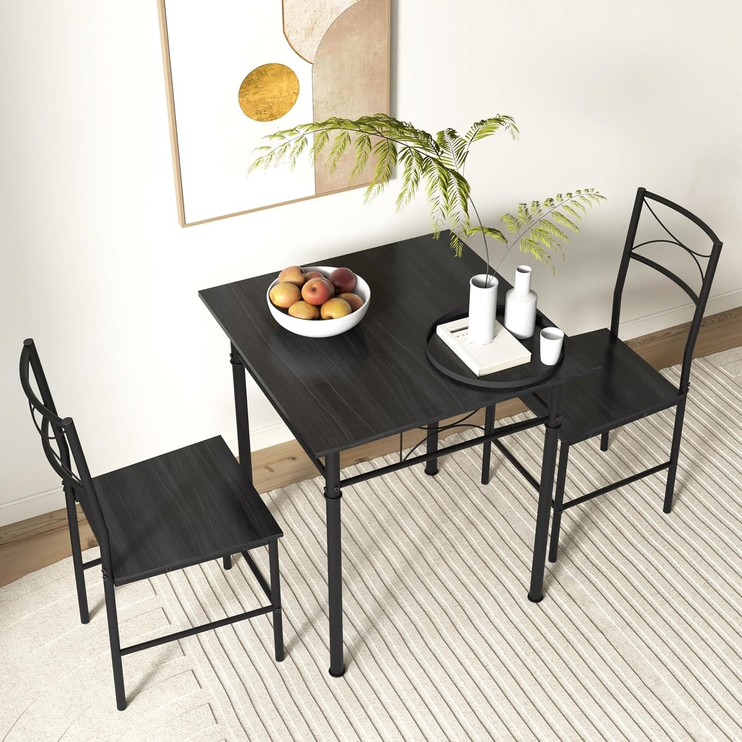 JOIN IRON 3-Piece Kitchen Dining Room Table Set for Small Spaces，Iron Wood Square Table with 2 Chairs for Kitchen Dining Room Furniture (Ash)