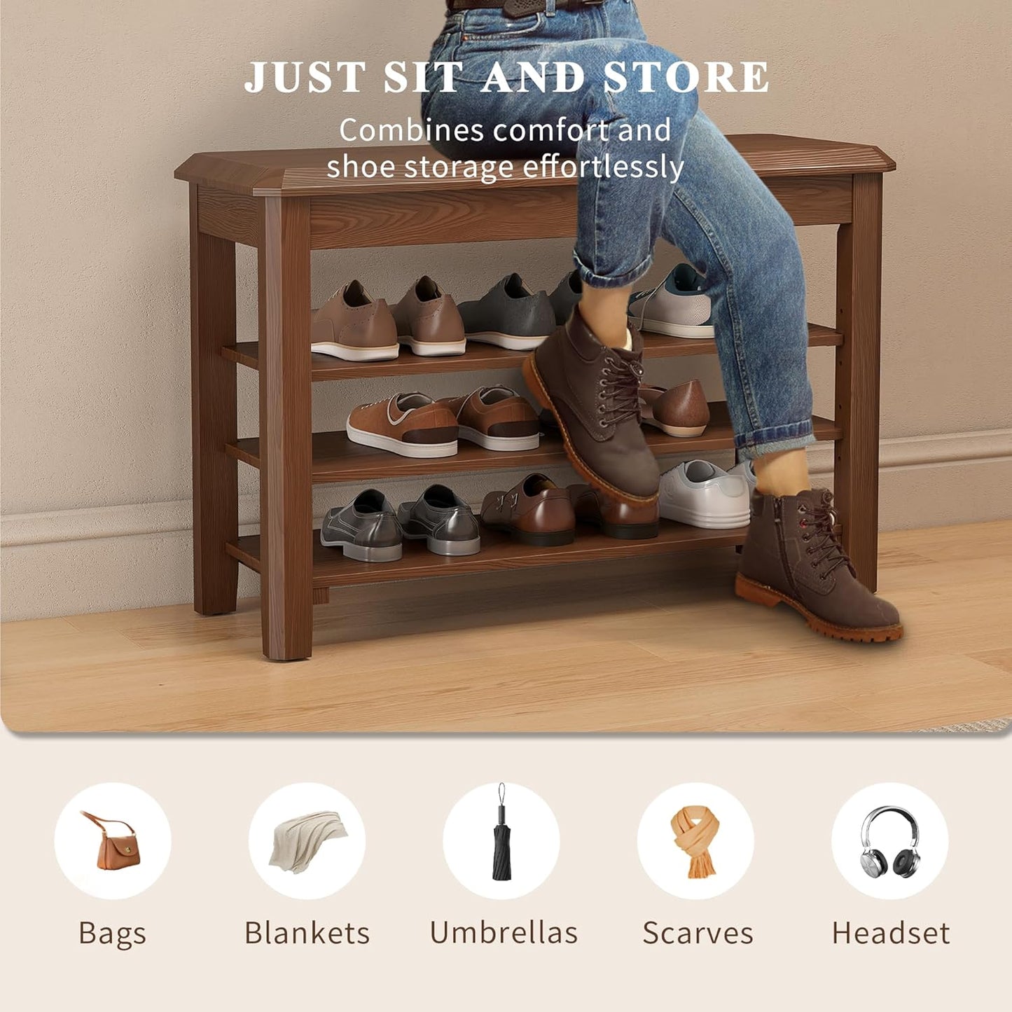 Shoe Rack for Front Door Entrance, Solid Wood Shoe Bench for Closet, Holds Up to 550lbs, Shoe Rack Bench for Entryway, Mudroom, Hallway