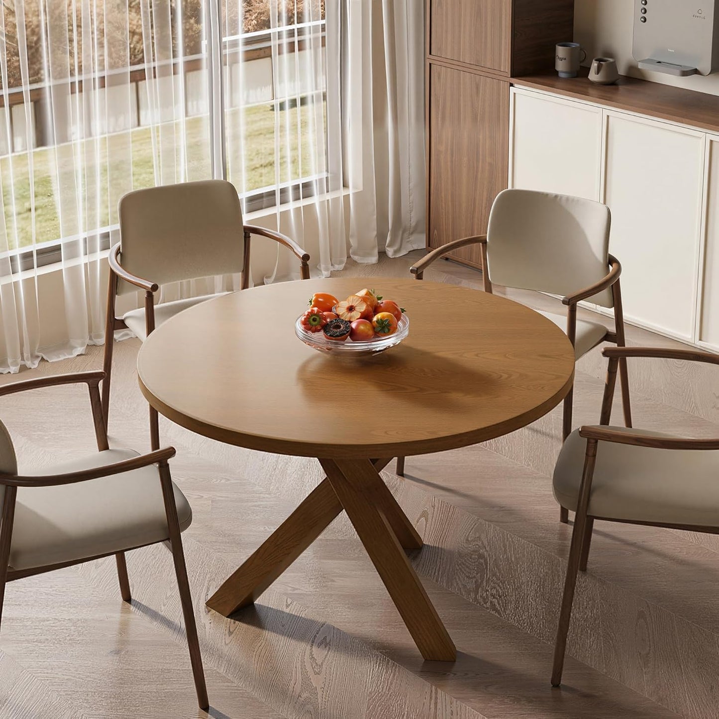 Acanva 47" Small Round Dining Table for 4 Person, MDF Top and Sturdy Wood Base Structure, Modern Design for Kitchen, Compact Space & Apartment, Light Brown