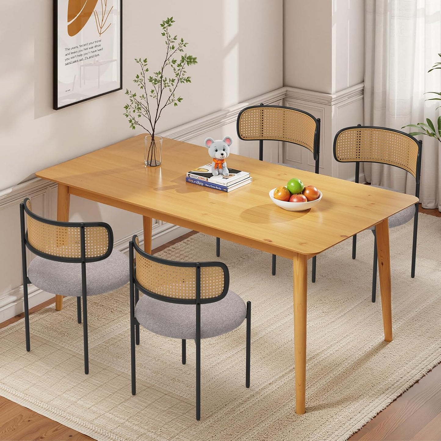 Mid Century Modern Dining Chairs Set of 2 with Rattan Backrest,Velvet Upholstered Accent Kitchen & Dining Room Chairs with Sturdy Metal Frame,Gray