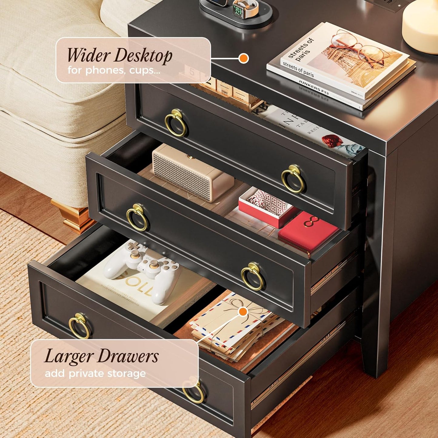 Huuger 23.6 Inch Night Stand with Charger Station and USB-C Port, 3 Drawer Nightstands Set of 2, Larger Wider Bedside Table, Modern End Table, for Bedroom, Black Nightstand