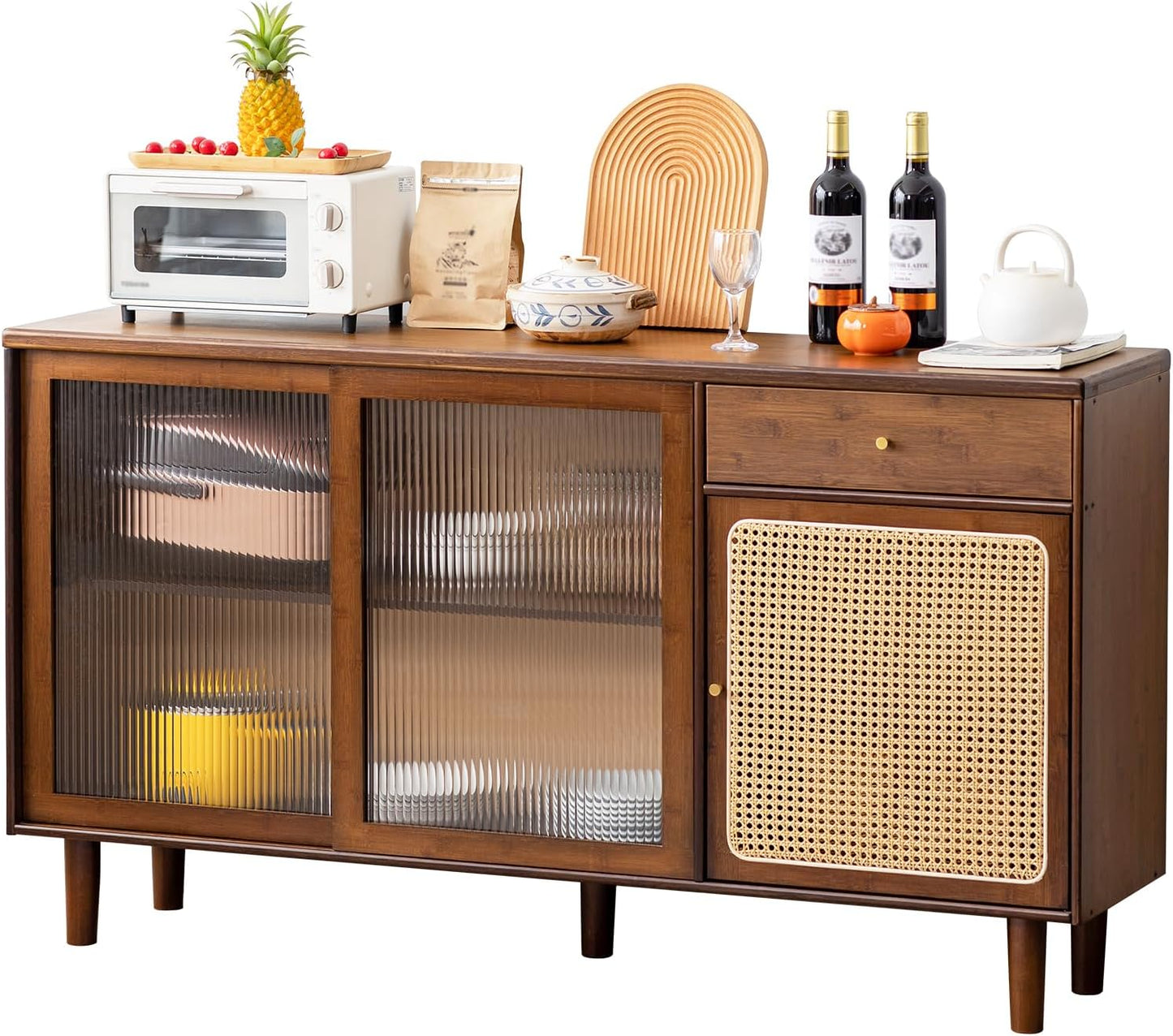 Welnow Buffet Cabinet, Bamboo Sideboard with Storage Rattan Kitchen Display Cabinet with Drawer, Boho Coffee Bar Tables for Kitchen, Living Room, Entryway, Office, Walnut