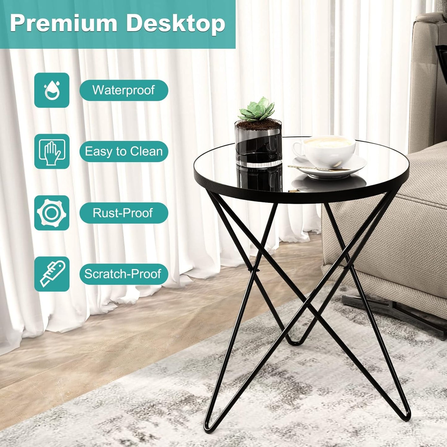 HLR Modern Round Side Table Set of 2, End Table with Marble Effect Top and Gold Metal Frame, Small Side Table for Living Room, Bedroom, Sofa and Couch, Black Legs, Mirror top