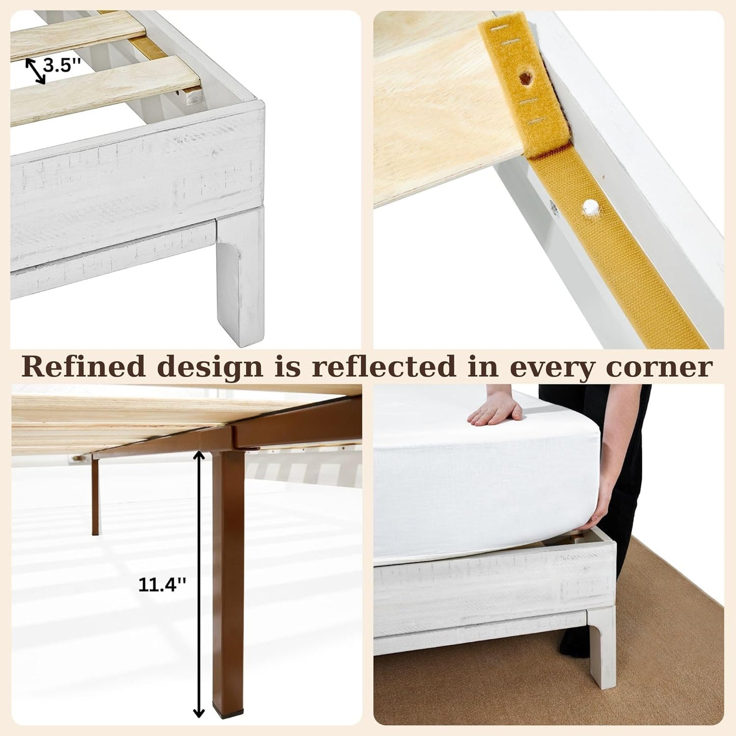 Bme Vivian 14 Inch Deluxe Bed Frame with Headboard, Rustic & Scandinavian Style with Solid Acacia Wood, No Box Spring Needed, 12 Strong Wood Slat Support, Easy Assembly, Queen, Rustic White