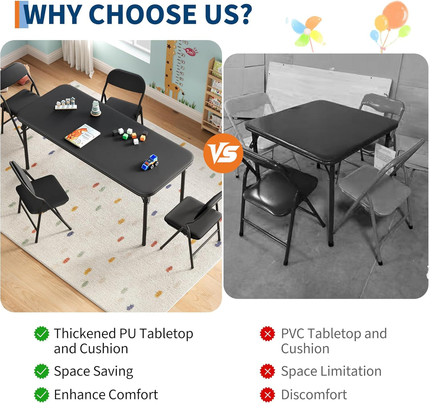 IDEALHOUSE 5 Piece Boys Girls Folding Table and Chairs Set, Activity Table and Chairs Set for Dining Room,Daycare,Classrooms