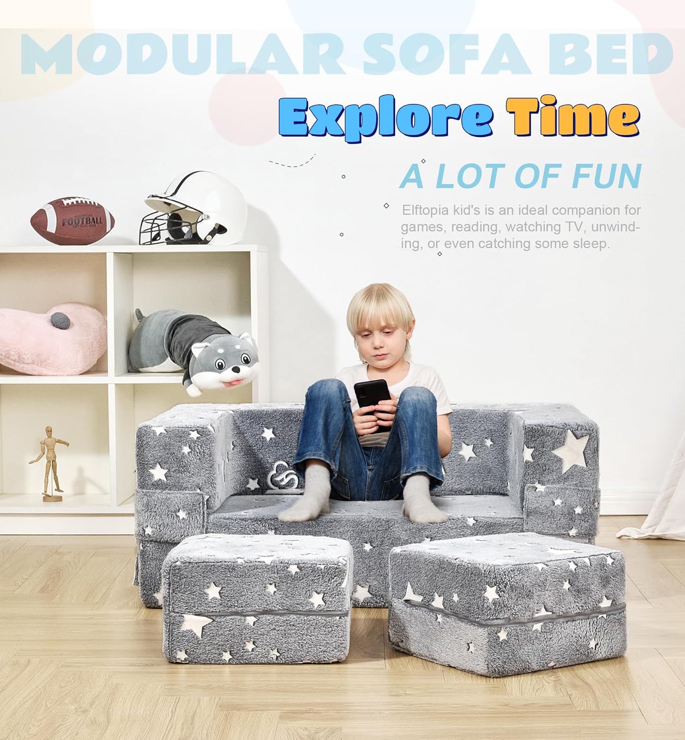 Modular Kids Sofa, Glow in The Dark Star Plush Couch, Convertible Kids Play Set, Fold Out Sofa Bed(Stars)