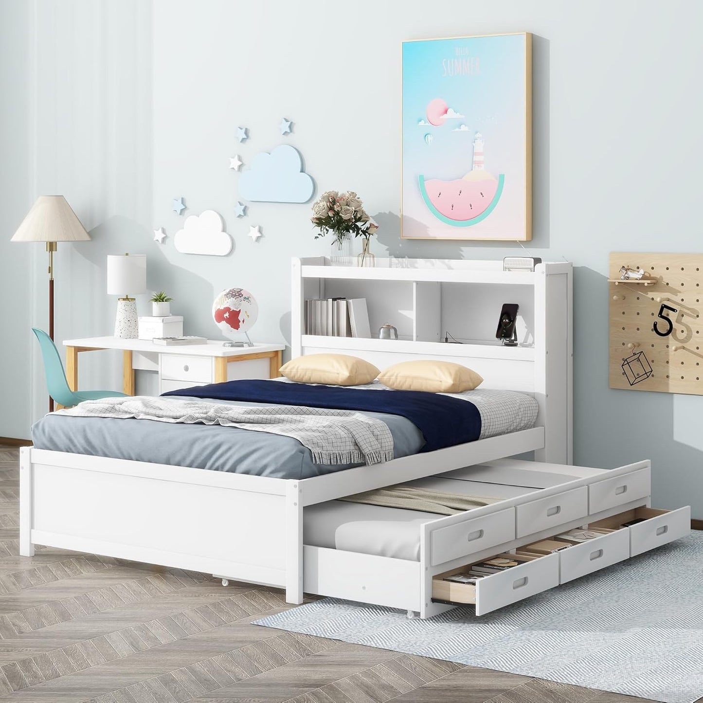 Full Size Pine Wood Platform Bed with Trundle,Drawers,2 Ports and 2 USB Plugs,Storage Bed with Pull Out Shelves,No Box Spring Needed,Perfect for Adults,Teens Bedroom Furniture,White