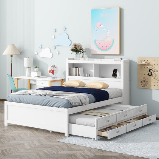 Full Size Pine Wood Platform Bed with Trundle,Drawers,2 Ports and 2 USB Plugs,Storage Bed with Pull Out Shelves,No Box Spring Needed,Perfect for Adults,Teens Bedroom Furniture,White
